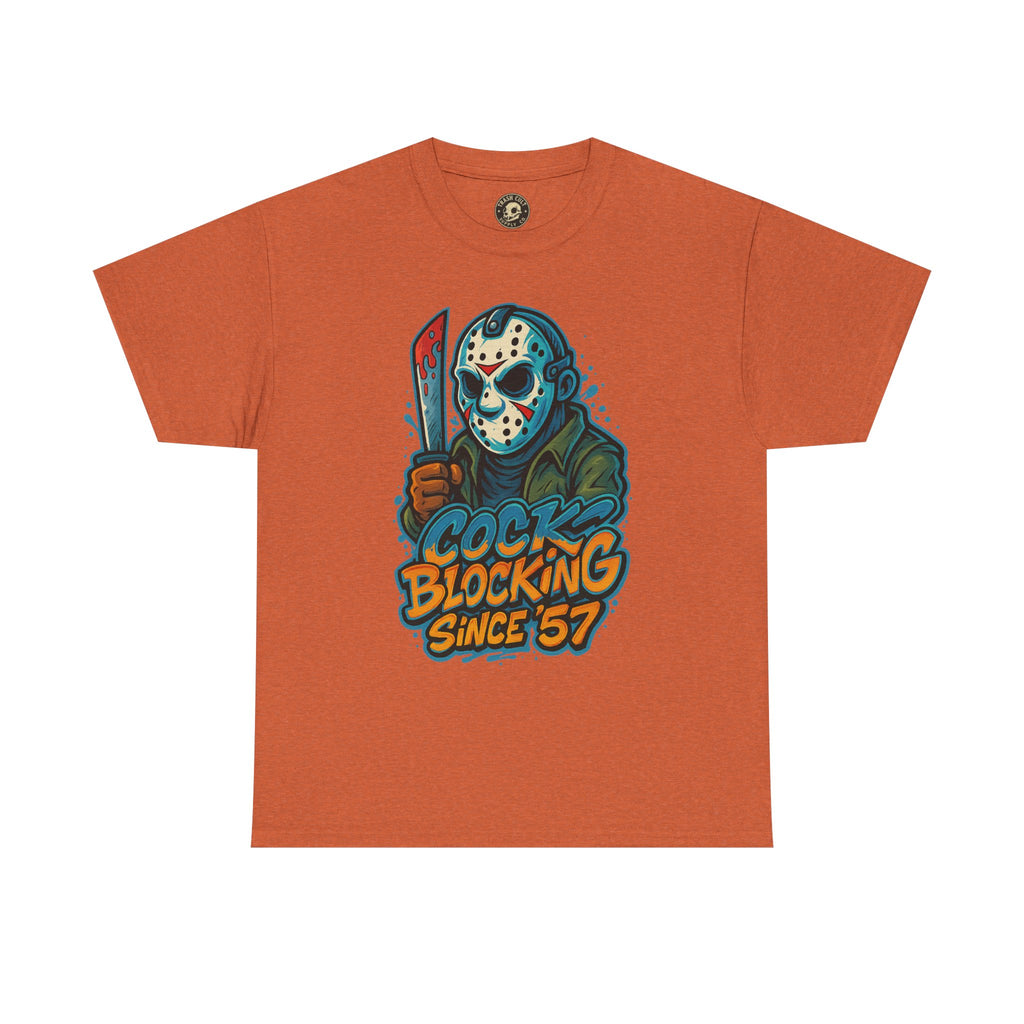 Jason Voorhees “Cock Blocking Since ’57” Funny Horror T-Shirt – Gildan 5000 | Slasher Meme Graphic Tee
