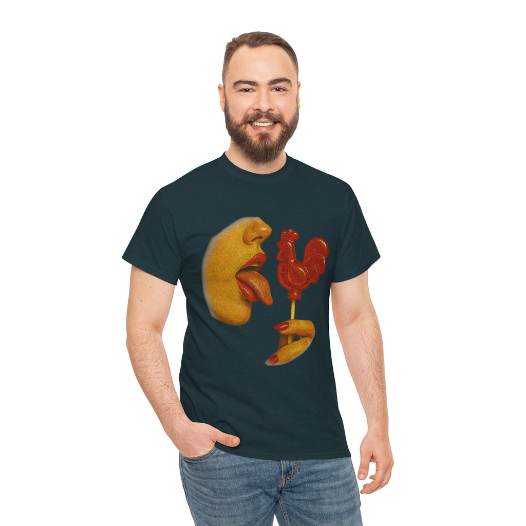 Bold Retro Halftone Tease – Red Rooster Lollipop Graphic Tee