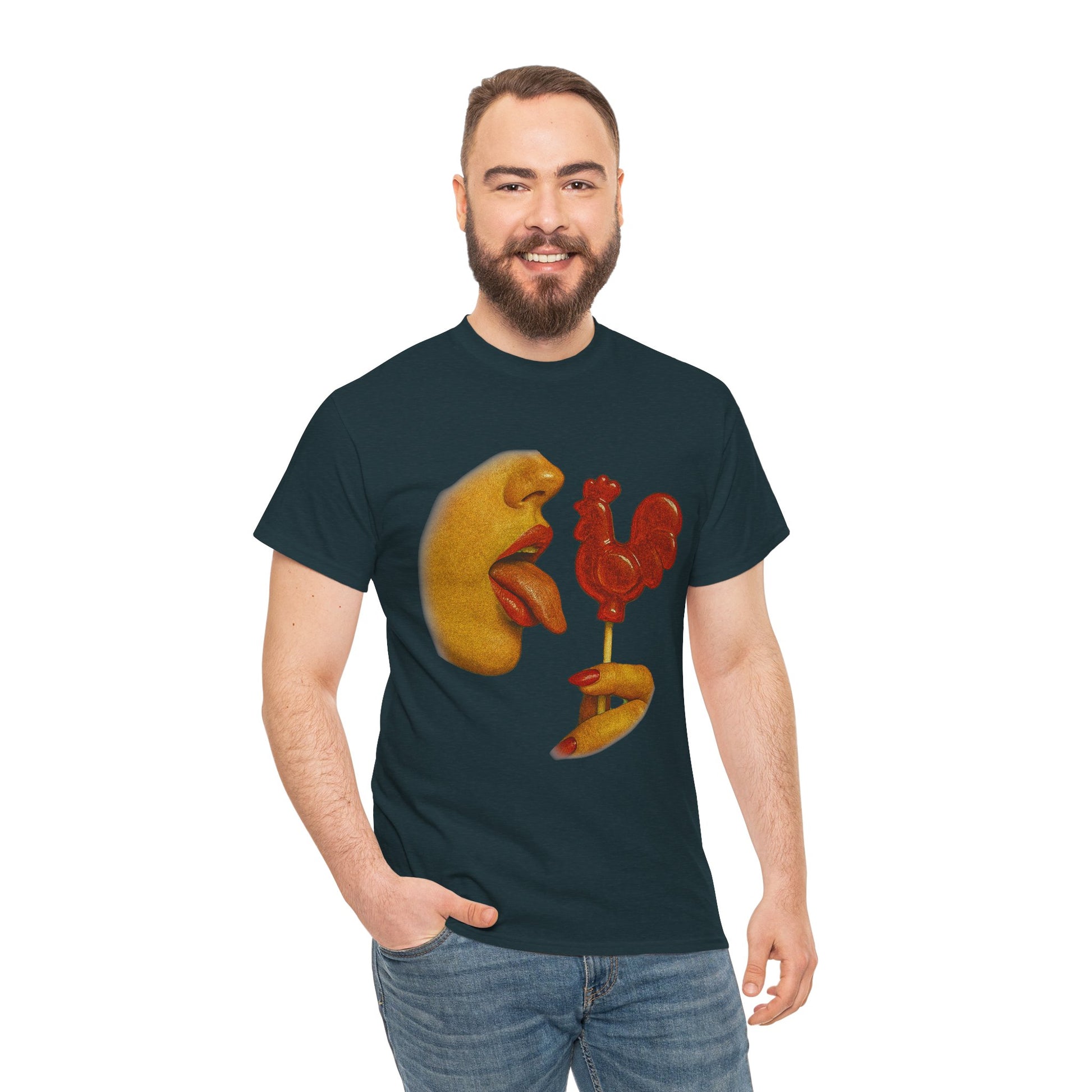 Bold Retro Halftone Tease – Red Rooster Lollipop Graphic Tee