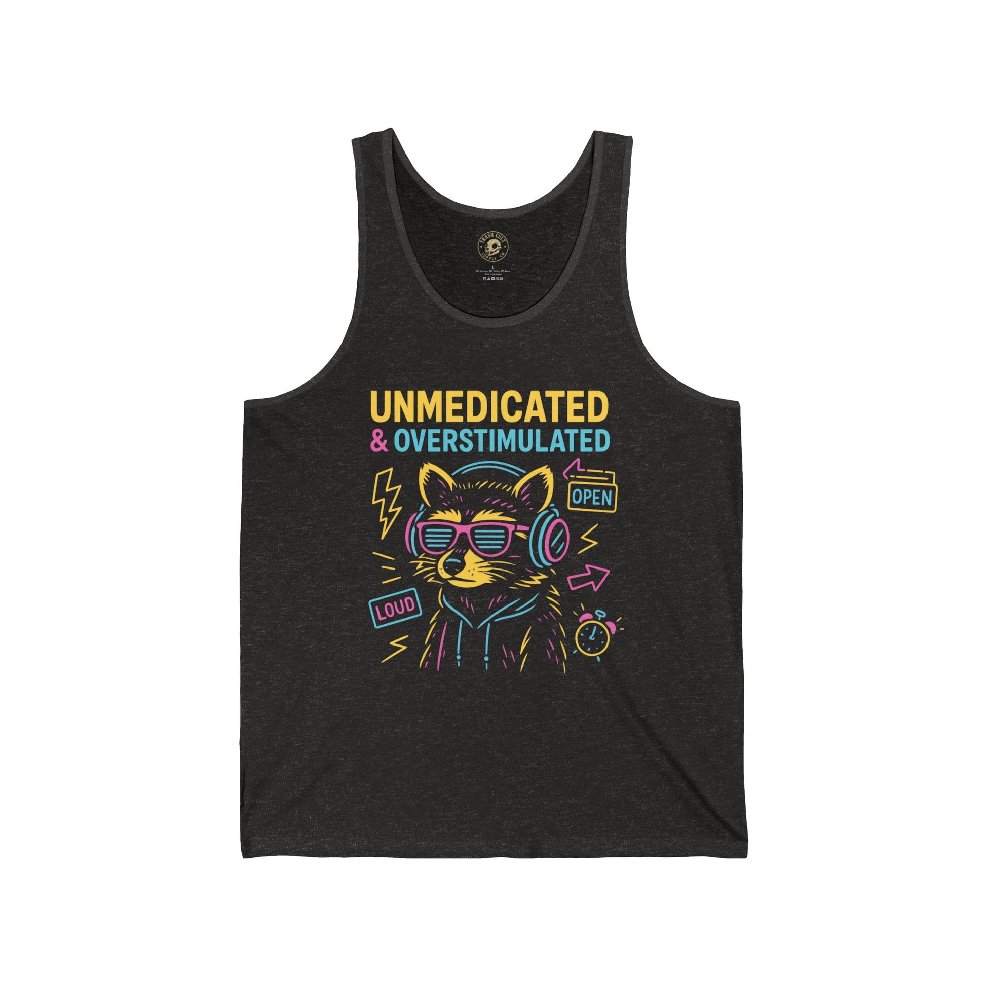 Unmedicated & Overstimulated Tank Top, Fun Cat Graphic Tee, Unisex Jersey Tank for Chill Days, Music Lovers Gift, Quirky Summer Wear