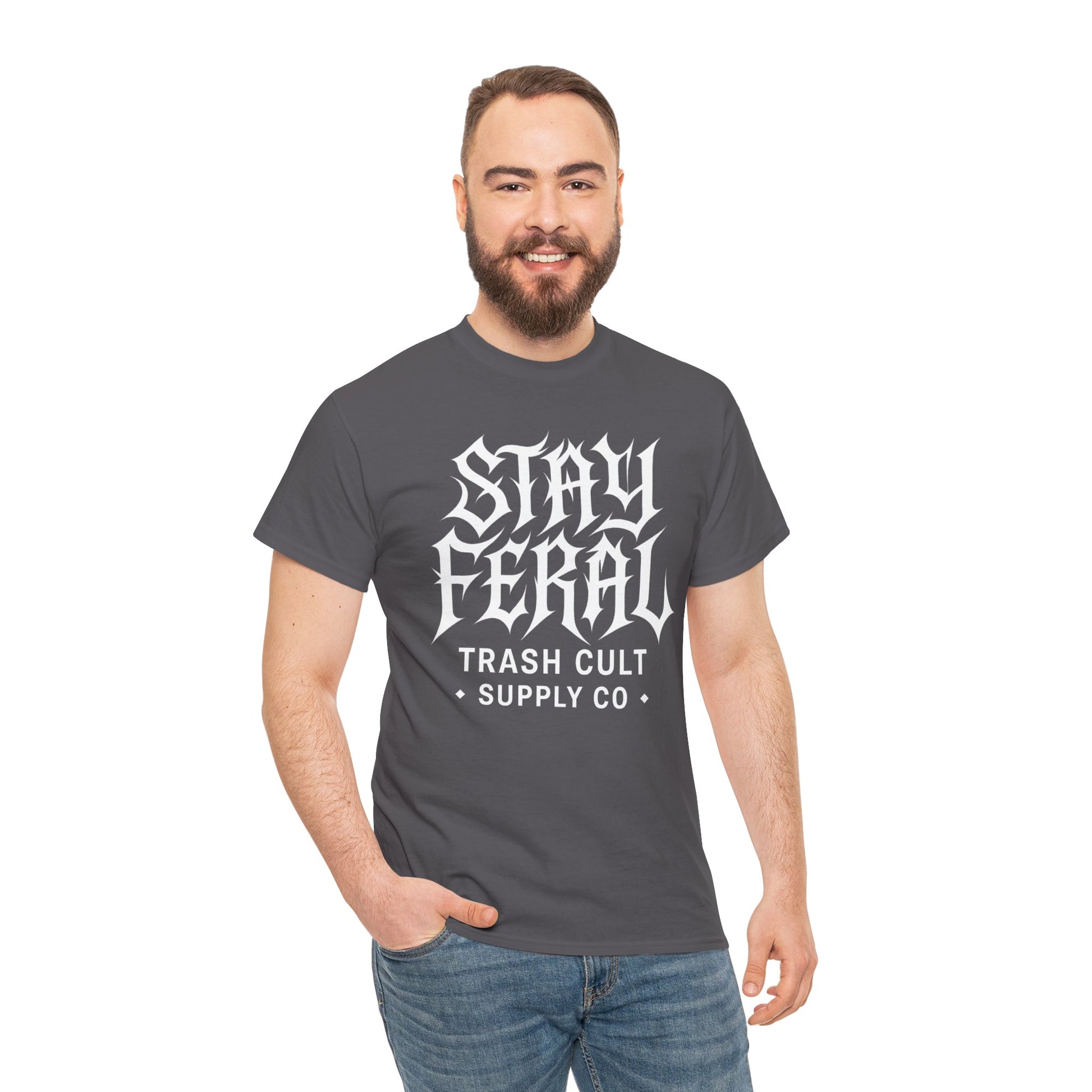 Unisex Heavy Cotton Tee - Stay Feral Graphic Tee, Streetwear Shirt, Gift for Wild Spirits, Eco-Friendly Casualwear, Summer Fashion