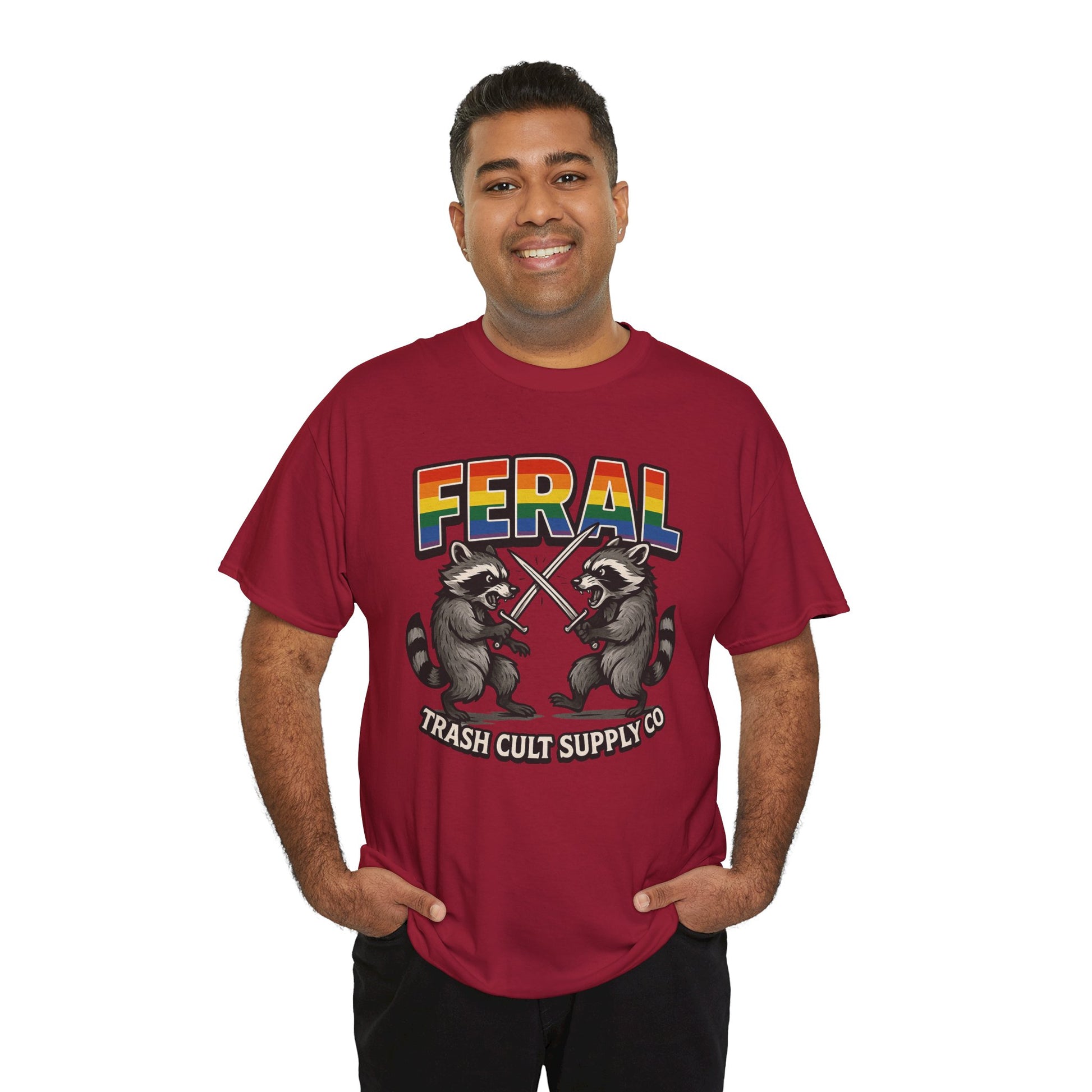 FERAL Rainbow Raccoon Sword Fighting Graphic Tee – Gildan 5000 Heavy Cotton