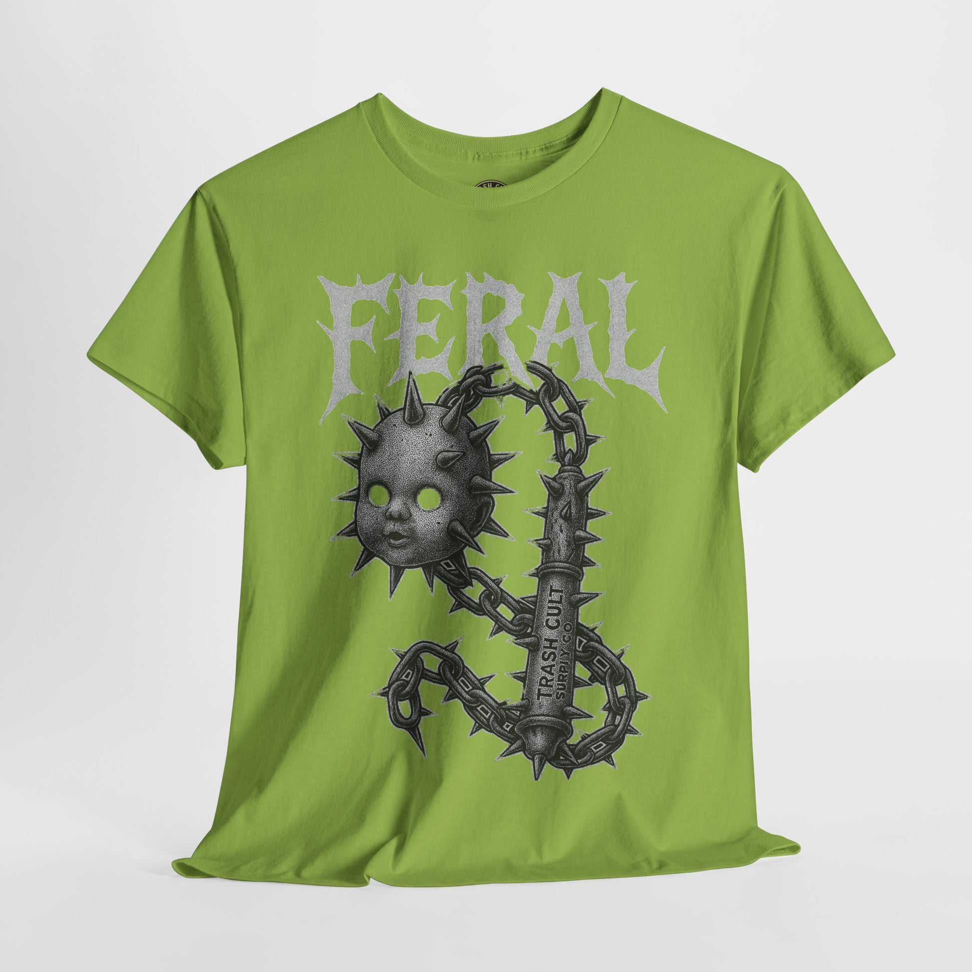 FERAL Spiked Doll Flail Tee – Halftone Gothic Weapon Shirt | Trash Cult Supply Co. | Gildan 5000