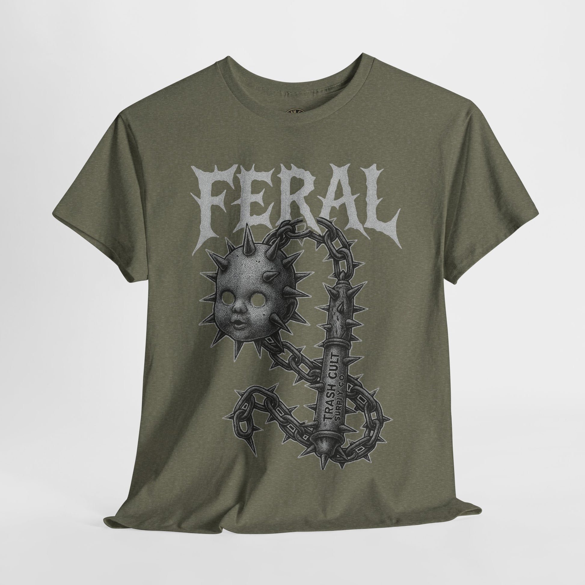FERAL Spiked Doll Flail Tee – Halftone Gothic Weapon Shirt | Trash Cult Supply Co. | Gildan 5000