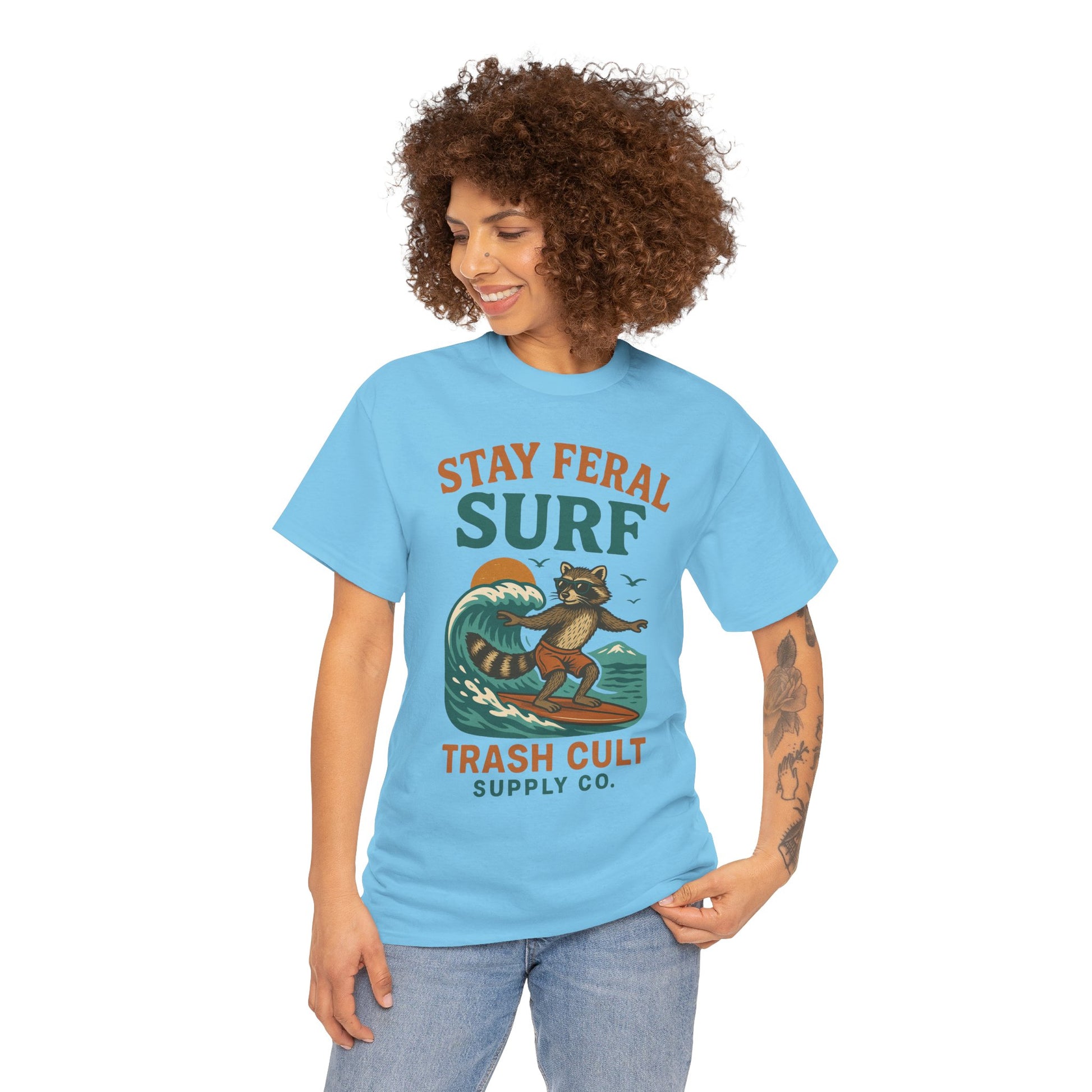 Stay Feral Surf Shirt – Retro Raccoon Beach Tee – Trash Cult Supply Co – Gildan 5000