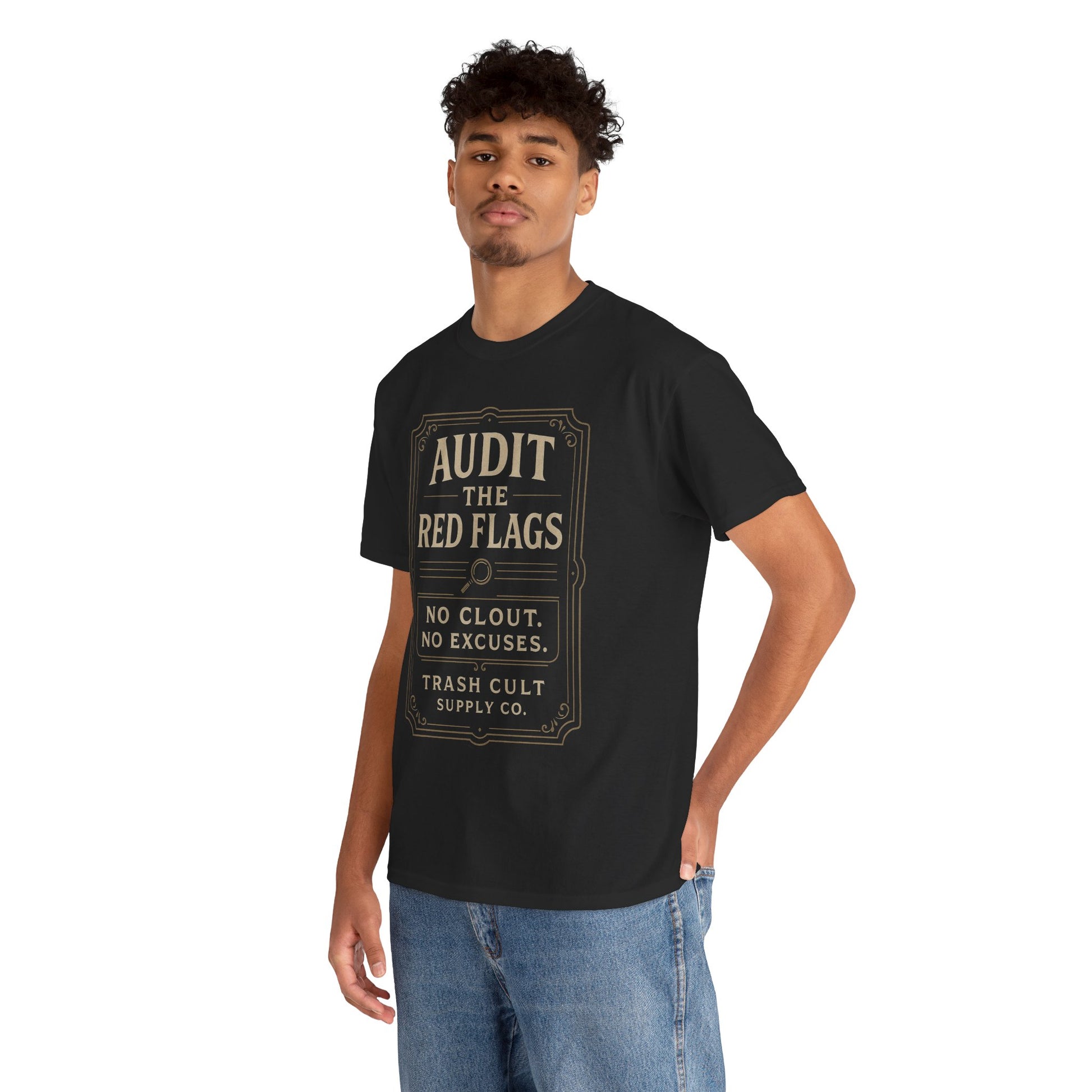 Audit the Red Flags T-Shirt (Black Gildan 5000) – Vintage Vigilante | Trash Cult Supply Co.