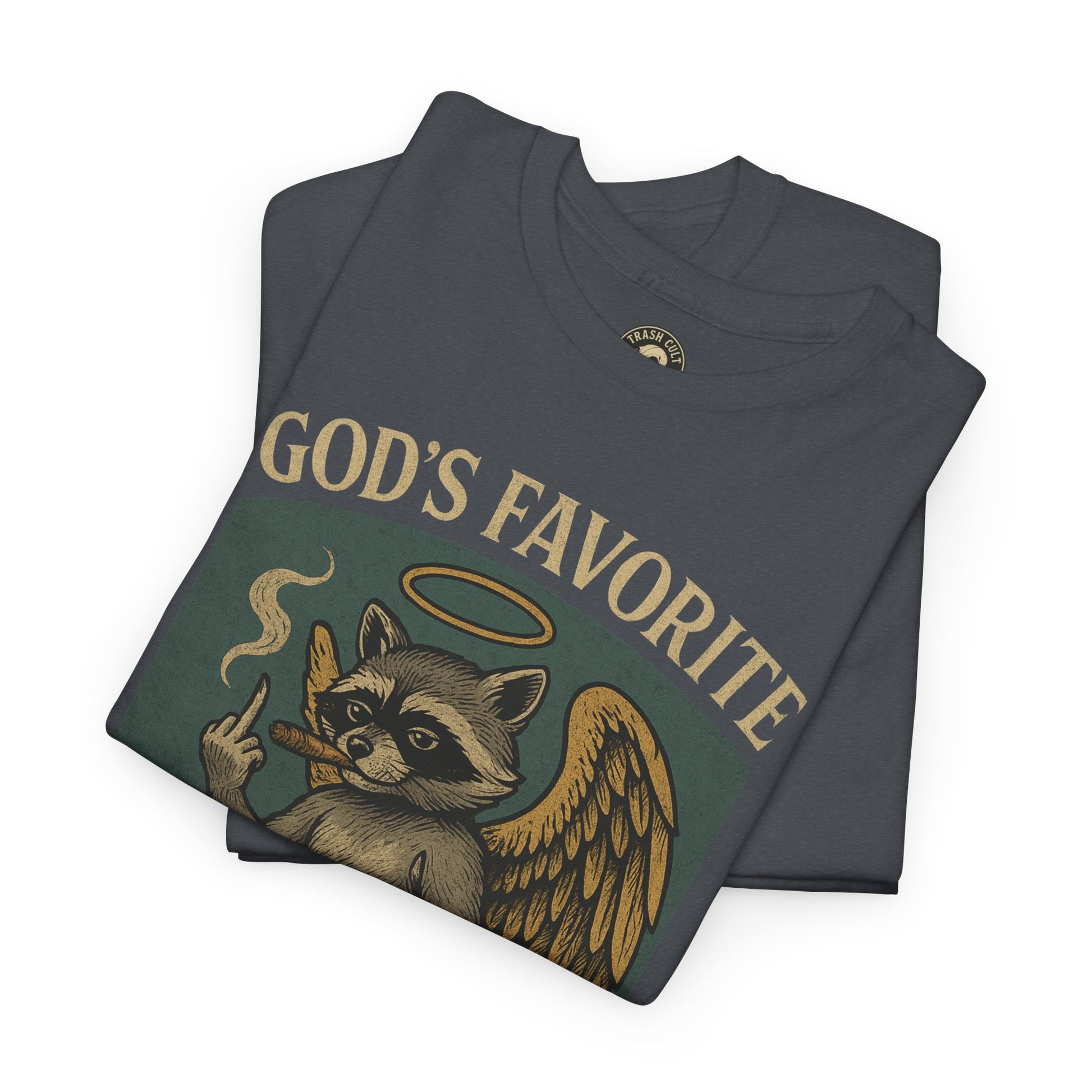 God’s Favorite Mistake Shirt – Raccoon Angel Flipping the Bird by Trash Cult Supply Co.