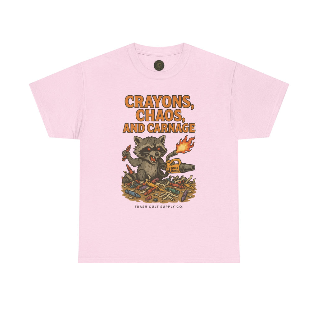 Crayons, Chaos, and Carnage T-Shirt – Dark Humor Raccoon Graphic | Trash Cult Supply Co. | Gildan 5000 Tee