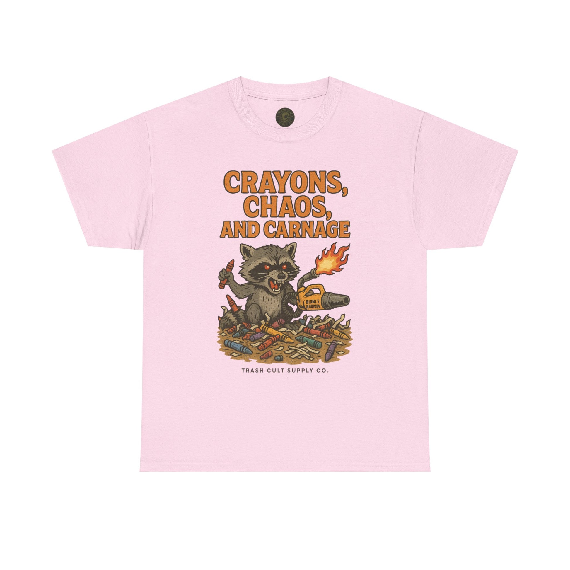 Crayons, Chaos, and Carnage T-Shirt – Dark Humor Raccoon Graphic | Trash Cult Supply Co. | Gildan 5000 Tee