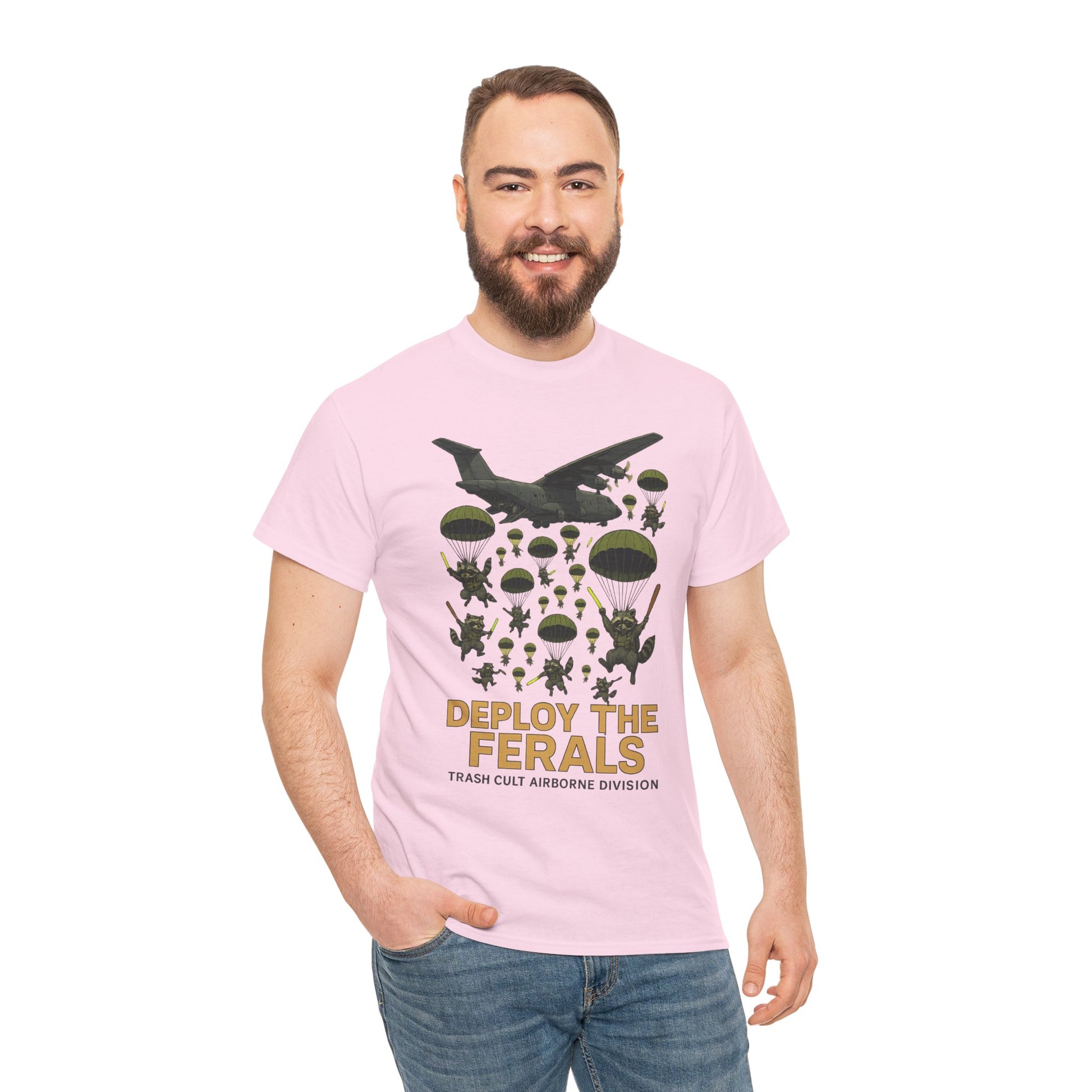 Deploy the Ferals T-Shirt – Airborne Raccoon Drop Graphic | Trash Cult Supply Co. | Gildan 5000 Heavy Cotton Tee