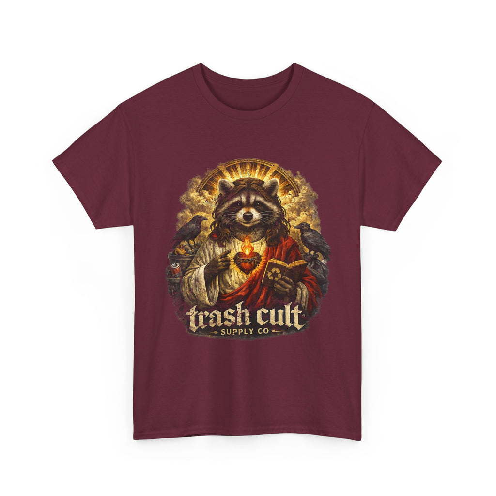 Raccoon Saint Graphic Tee — “Trash Cult” Vintage Devotional Design
