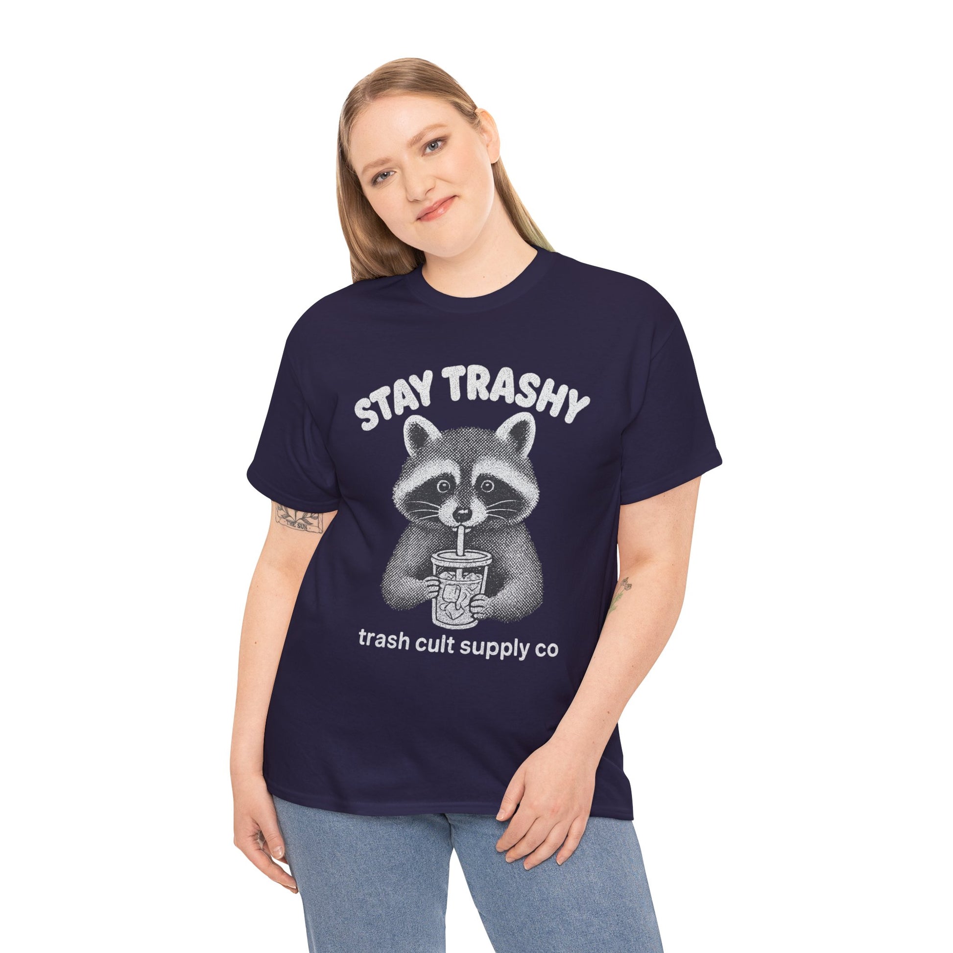 Stay Trashy Raccoon Iced Coffee Shirt – Halftone All White Design | Trash Cult Supply Co.