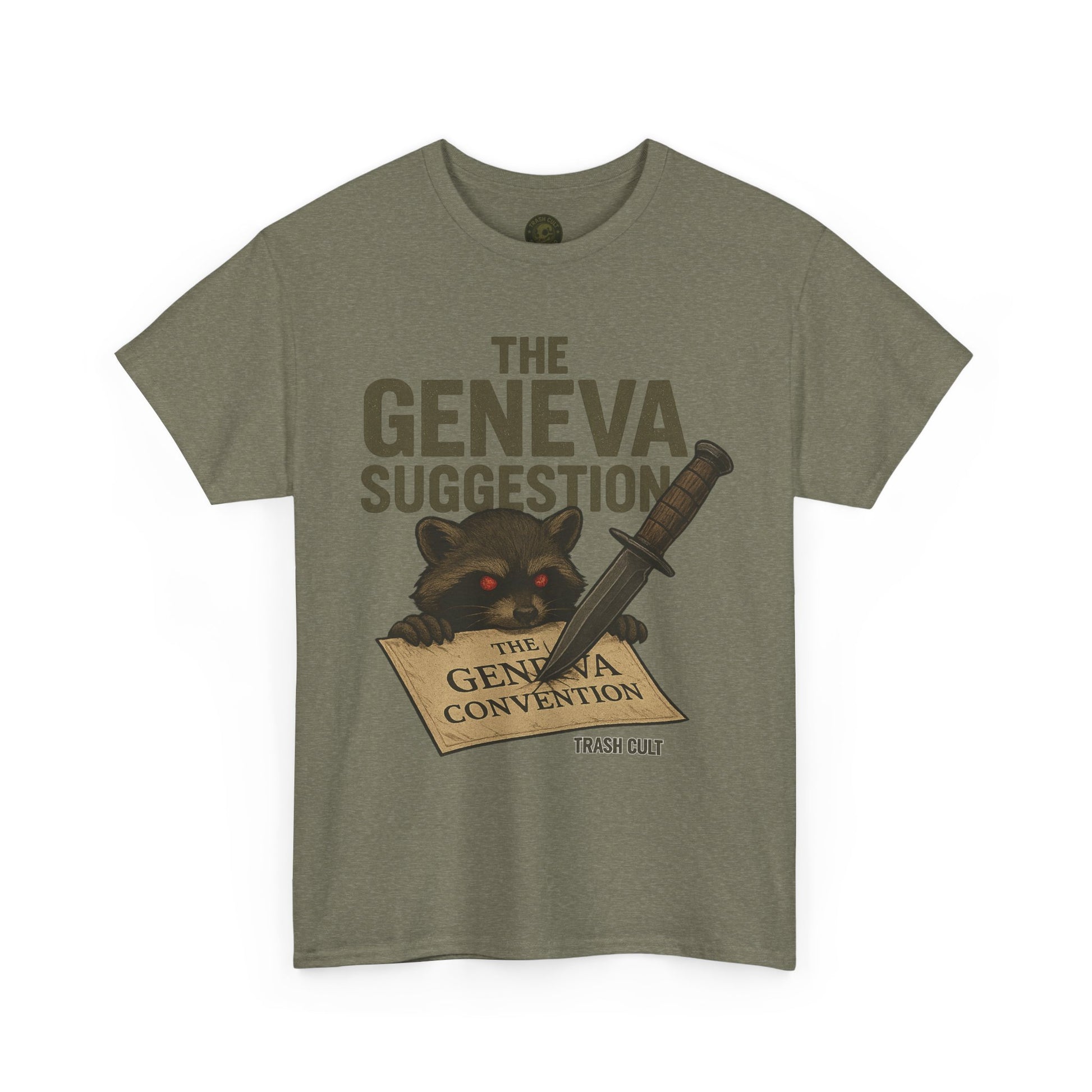 The Geneva Suggestion T-Shirt – Tactical Raccoon Dark Humor Tee | Trash Cult Supply Co. | Gildan 5000