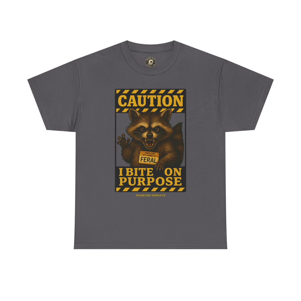 I Bite On Purpose Raccoon Warning T-Shirt – Caution Sign Style | Trash Cult Supply Co | Gildan 5000