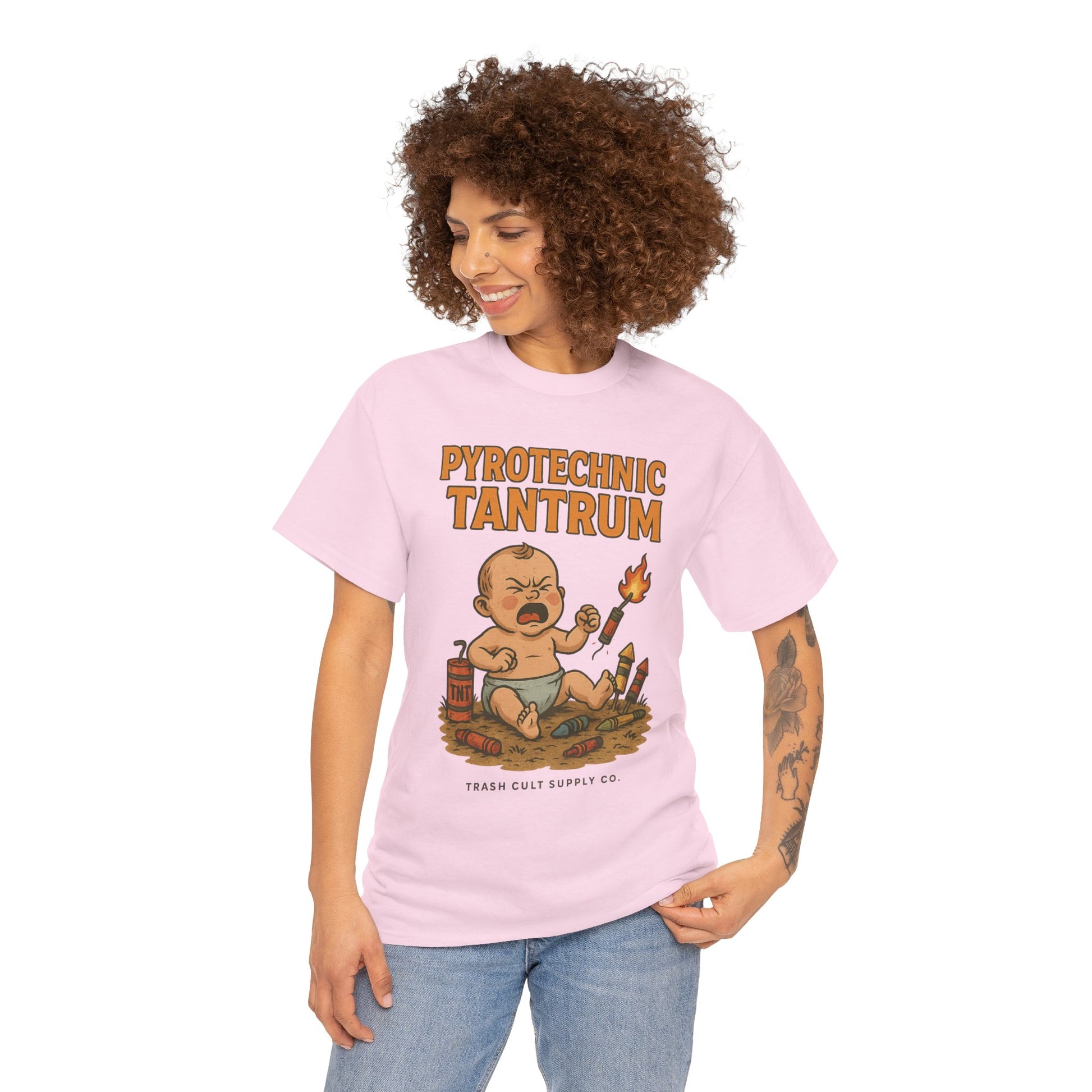 Pyrotechnic Tantrum T-Shirt – Explosive Baby Humor Graphic | Trash Cult Supply Co. | Gildan 5000 Tee