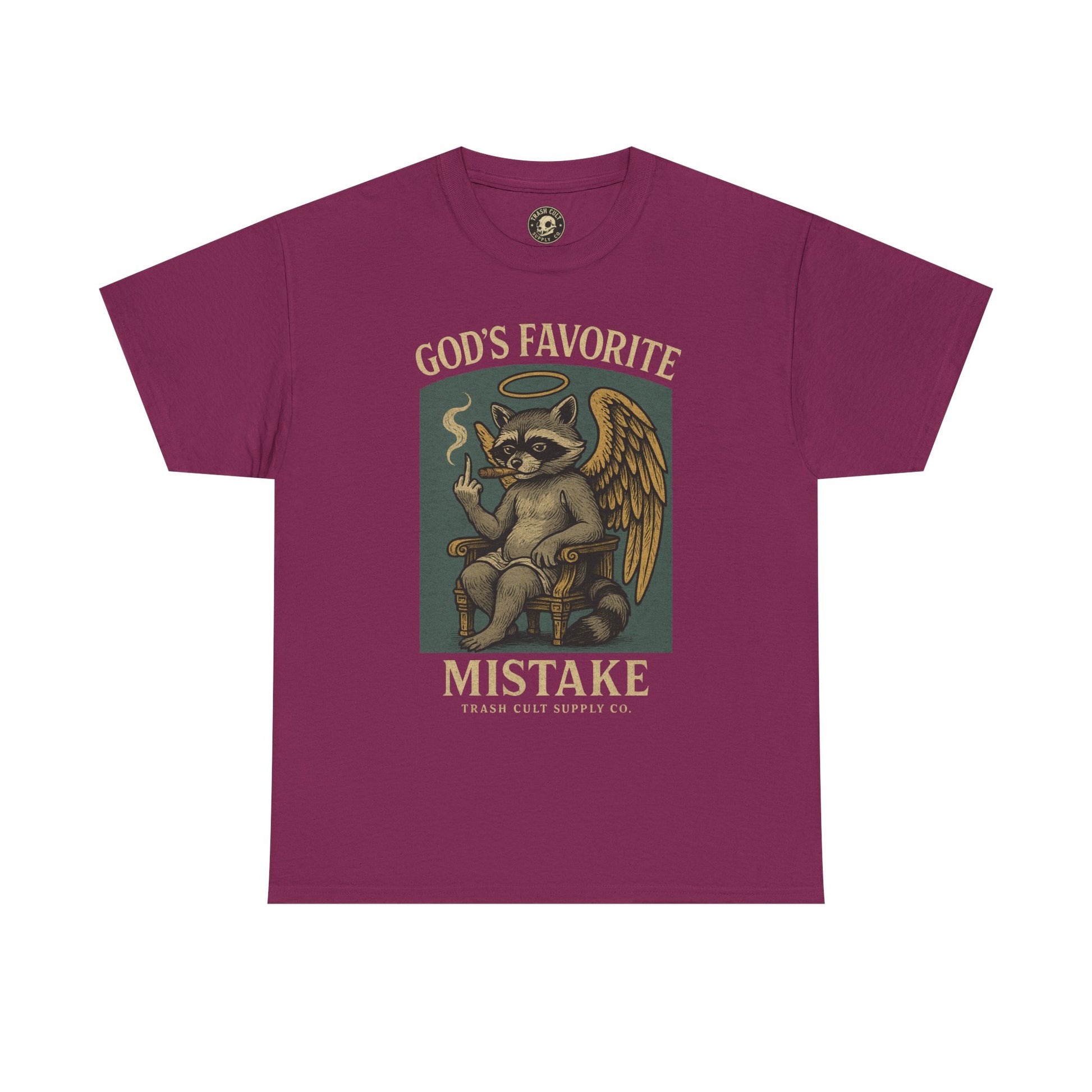 God’s Favorite Mistake Shirt – Raccoon Angel Flipping the Bird by Trash Cult Supply Co.