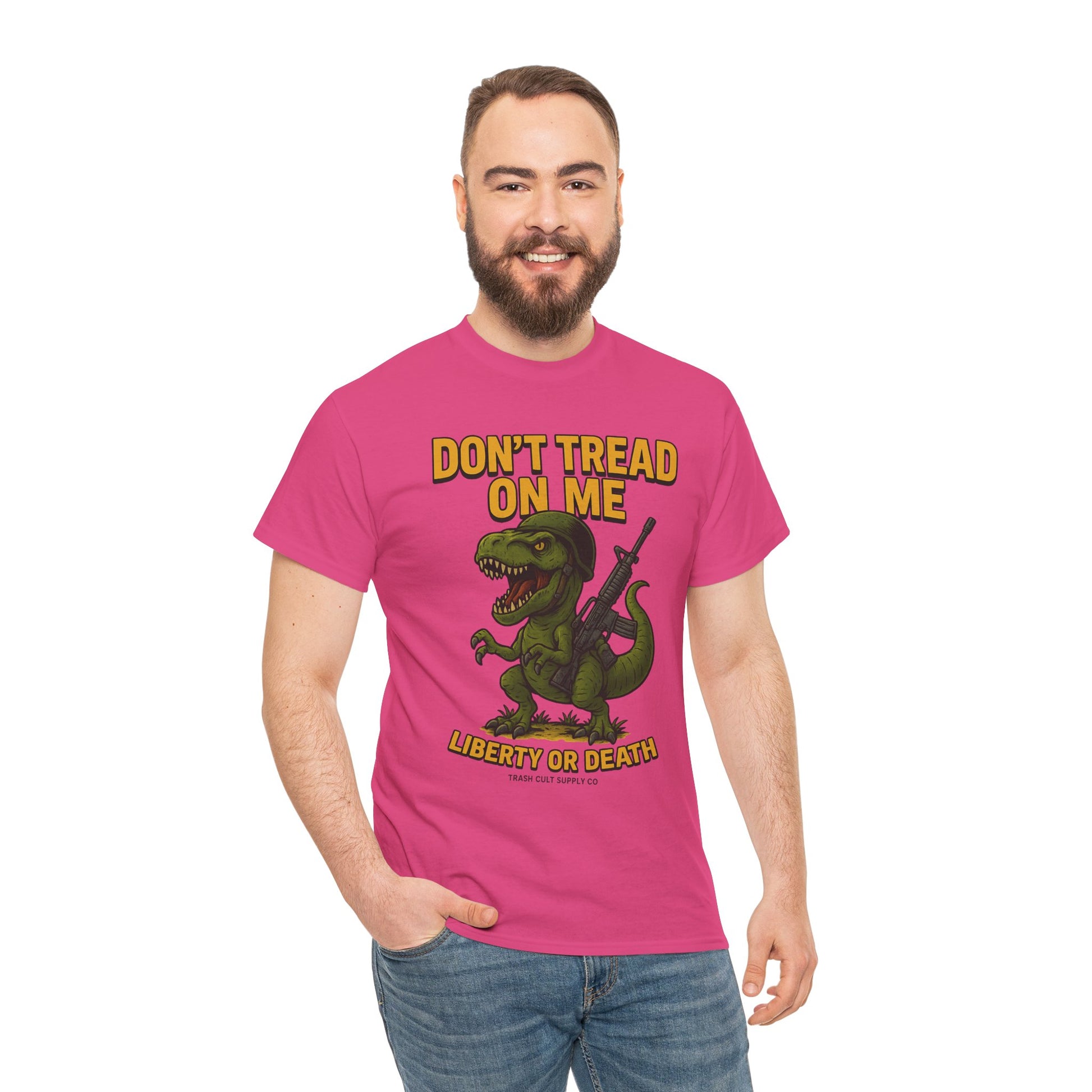Don’t Tread On Me T-Rex T-Shirt – Liberty or Death Graphic | Trash Cult Supply Co. | Gildan 5000 Heavy Cotton