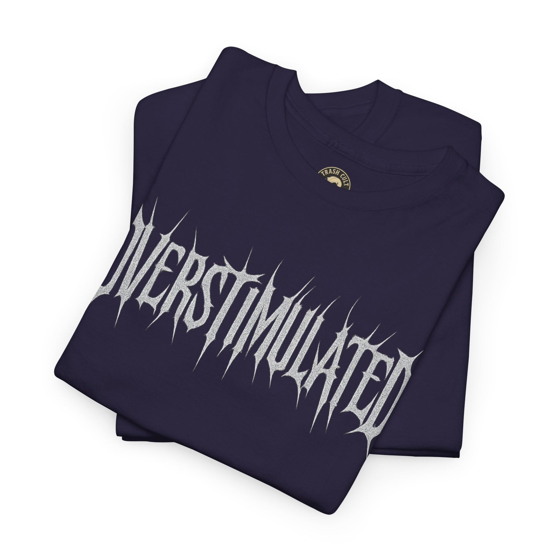 OVERSTIMULATED Metalcore Grunge Shirt – White on Black Distressed Font Tee
