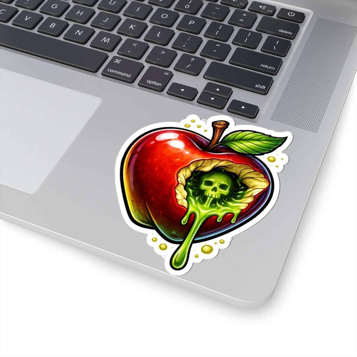 Poisoned Apple Kiss-Cut Sticker — Skull & Dripping Green Goo Design