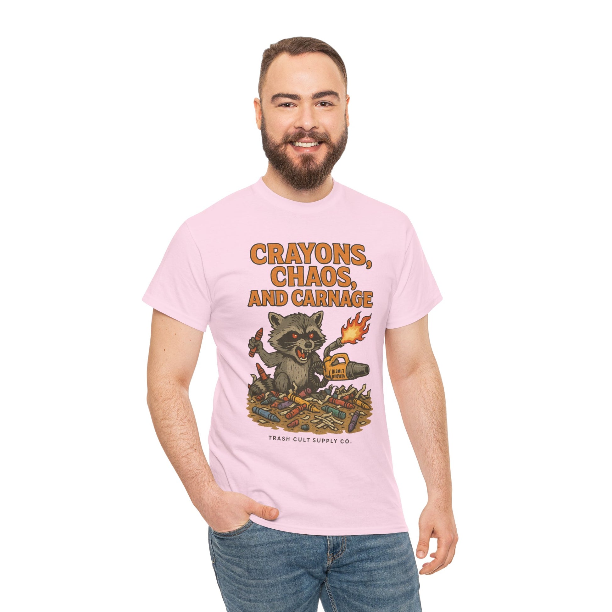 Crayons, Chaos, and Carnage T-Shirt – Dark Humor Raccoon Graphic | Trash Cult Supply Co. | Gildan 5000 Tee