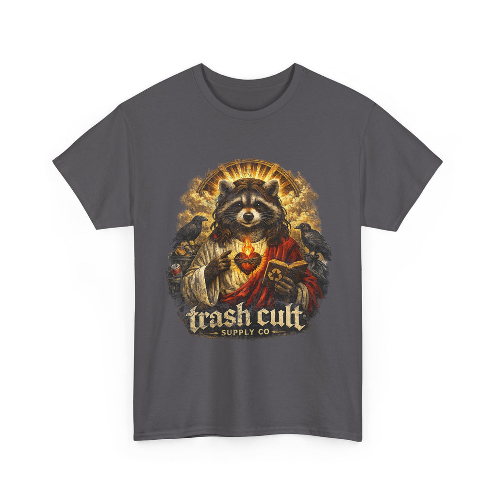 Raccoon Saint Graphic Tee — “Trash Cult” Vintage Devotional Design