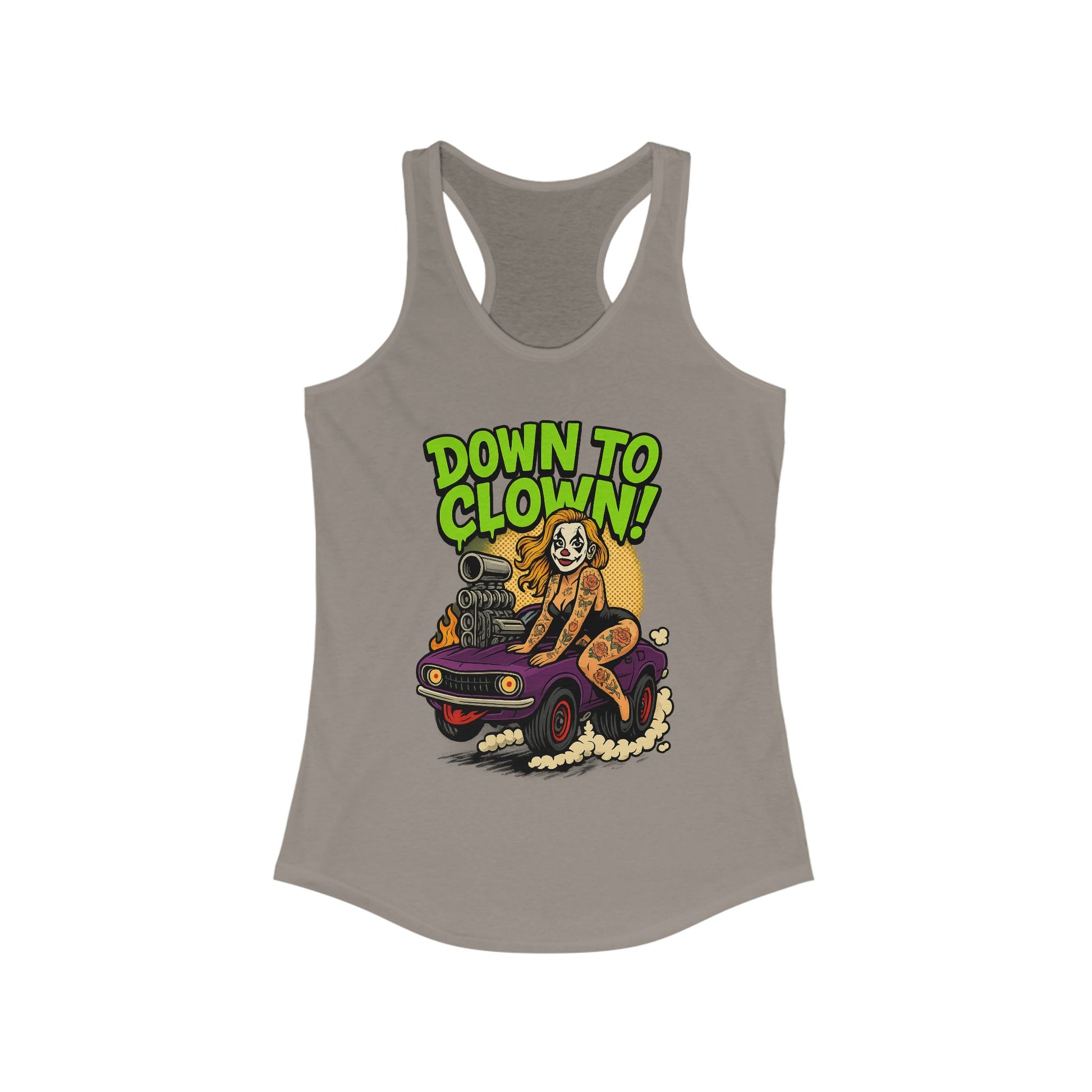 “Down to Clown” Racerback Tank Top – Funny Retro Muscle Car Clown Graphic Shirt for Women
