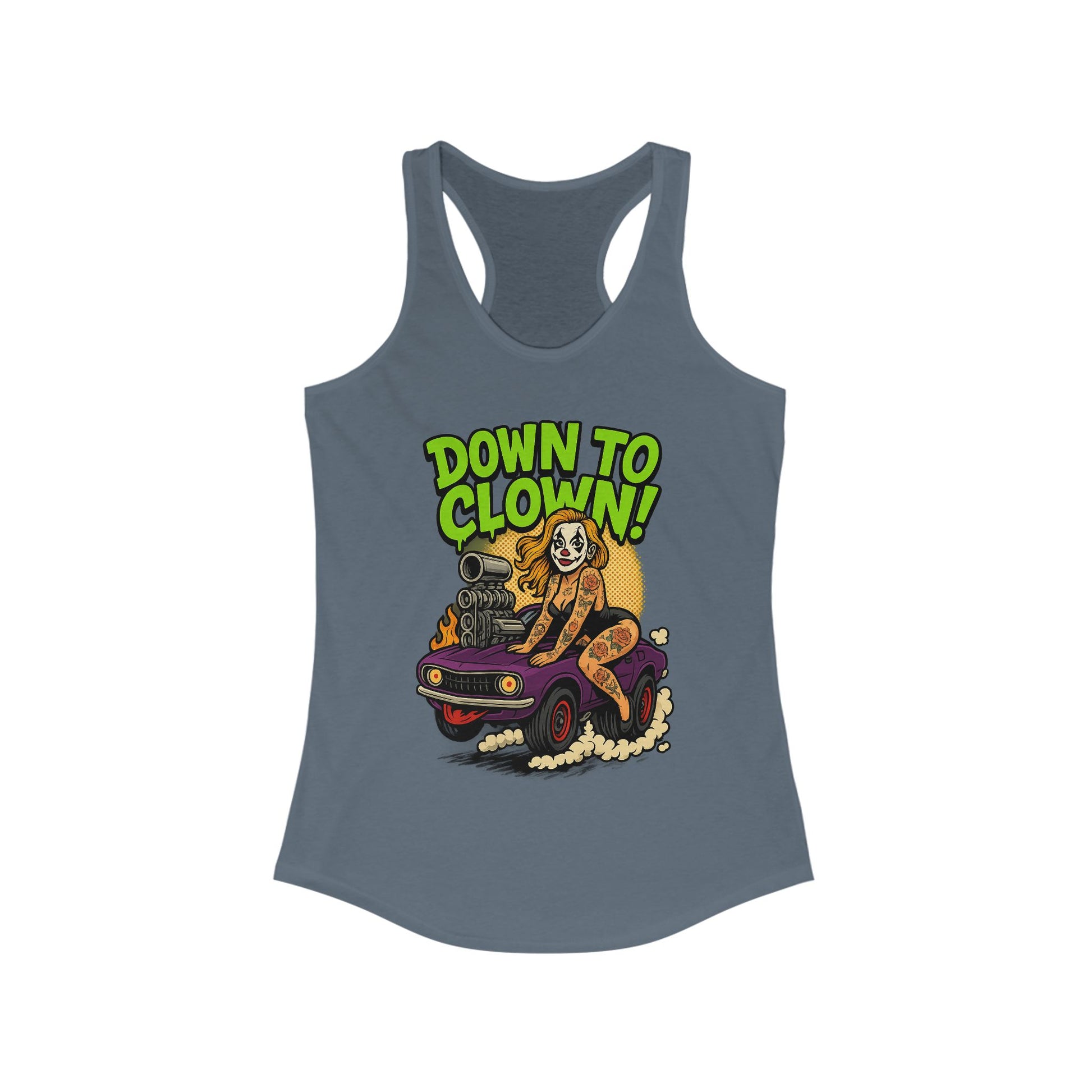 “Down to Clown” Racerback Tank Top – Funny Retro Muscle Car Clown Graphic Shirt for Women