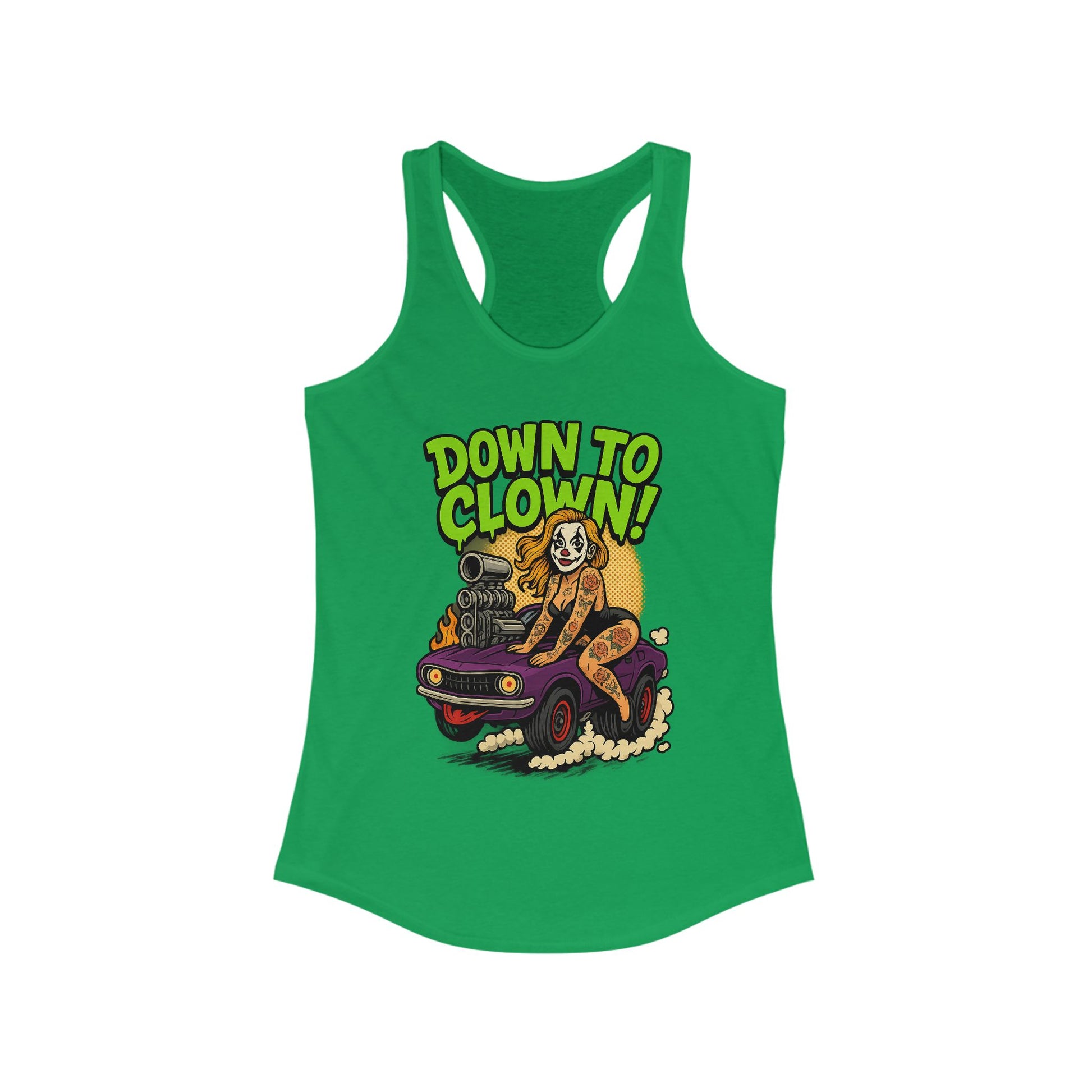 “Down to Clown” Racerback Tank Top – Funny Retro Muscle Car Clown Graphic Shirt for Women
