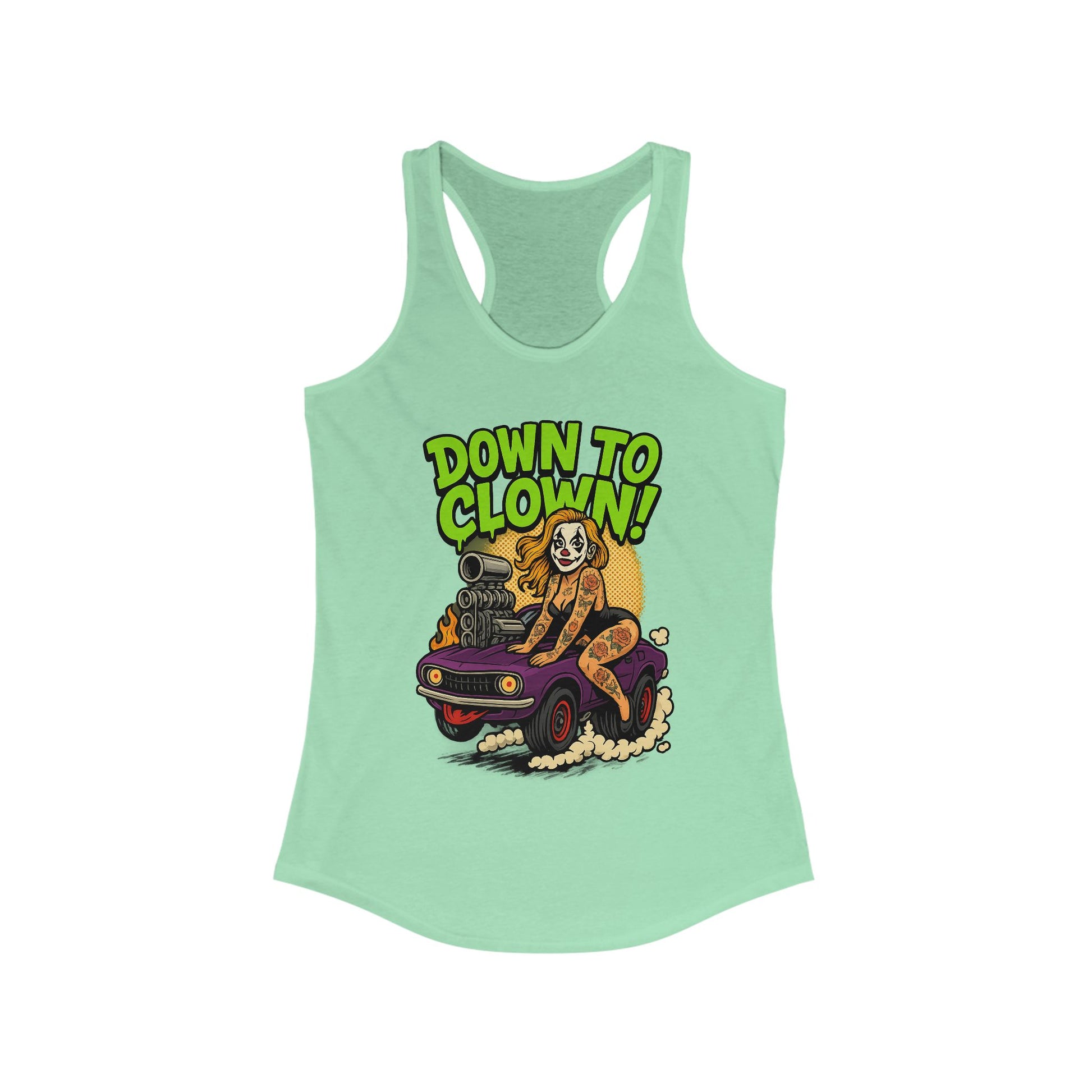 “Down to Clown” Racerback Tank Top – Funny Retro Muscle Car Clown Graphic Shirt for Women