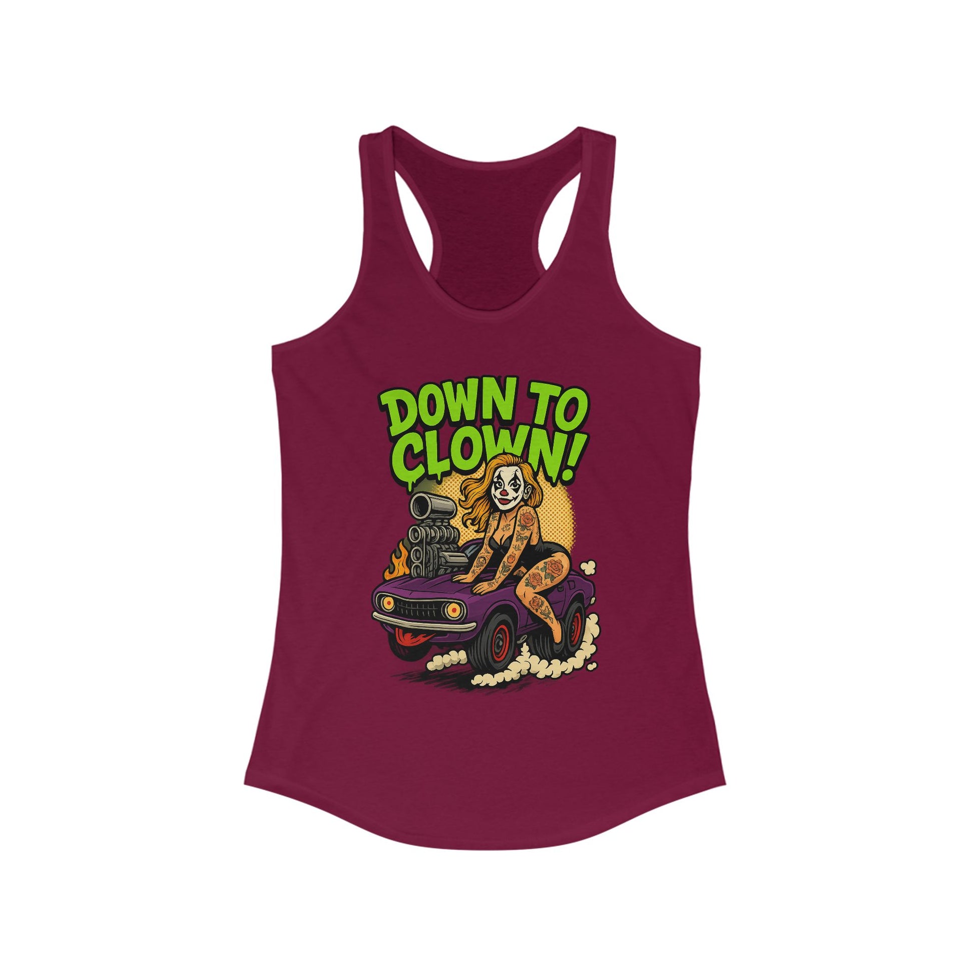 “Down to Clown” Racerback Tank Top – Funny Retro Muscle Car Clown Graphic Shirt for Women
