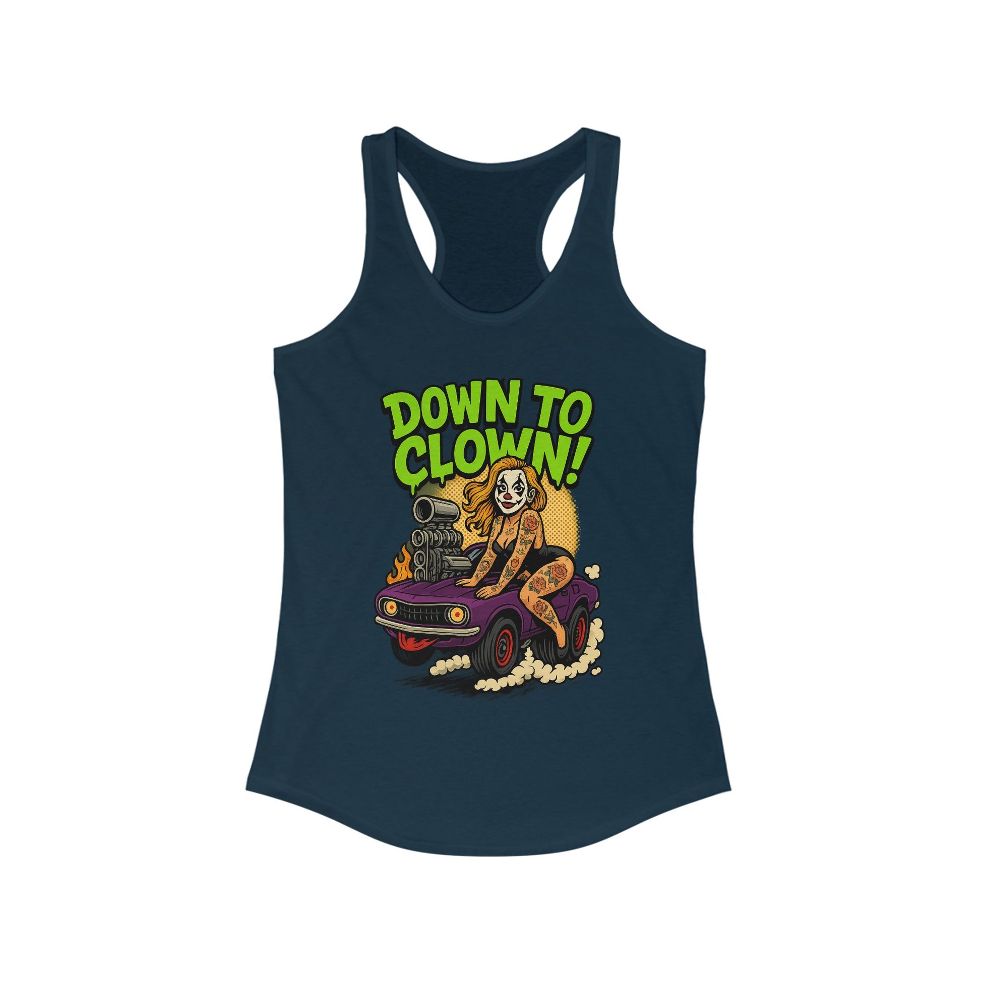“Down to Clown” Racerback Tank Top – Funny Retro Muscle Car Clown Graphic Shirt for Women