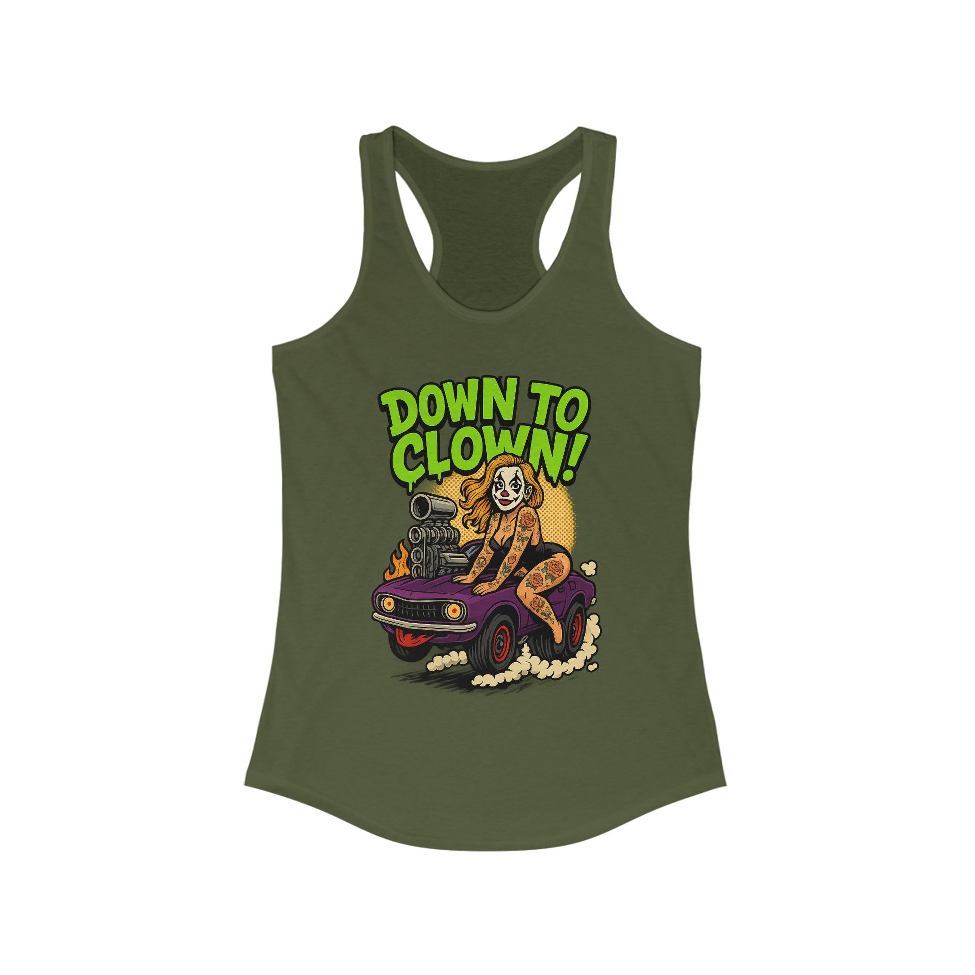 “Down to Clown” Racerback Tank Top – Funny Retro Muscle Car Clown Graphic Shirt for Women