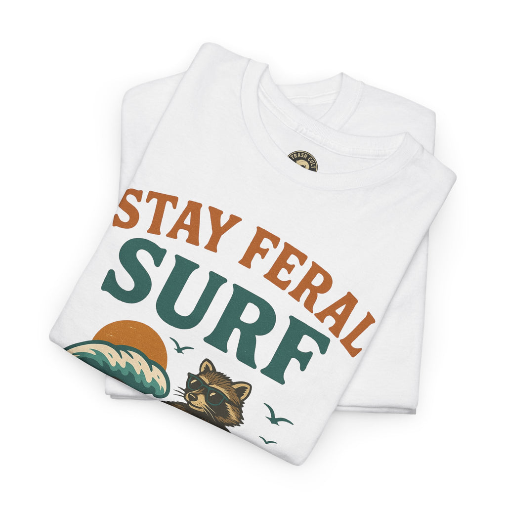 Stay Feral Surf Shirt – Retro Raccoon Beach Tee – Trash Cult Supply Co – Gildan 5000