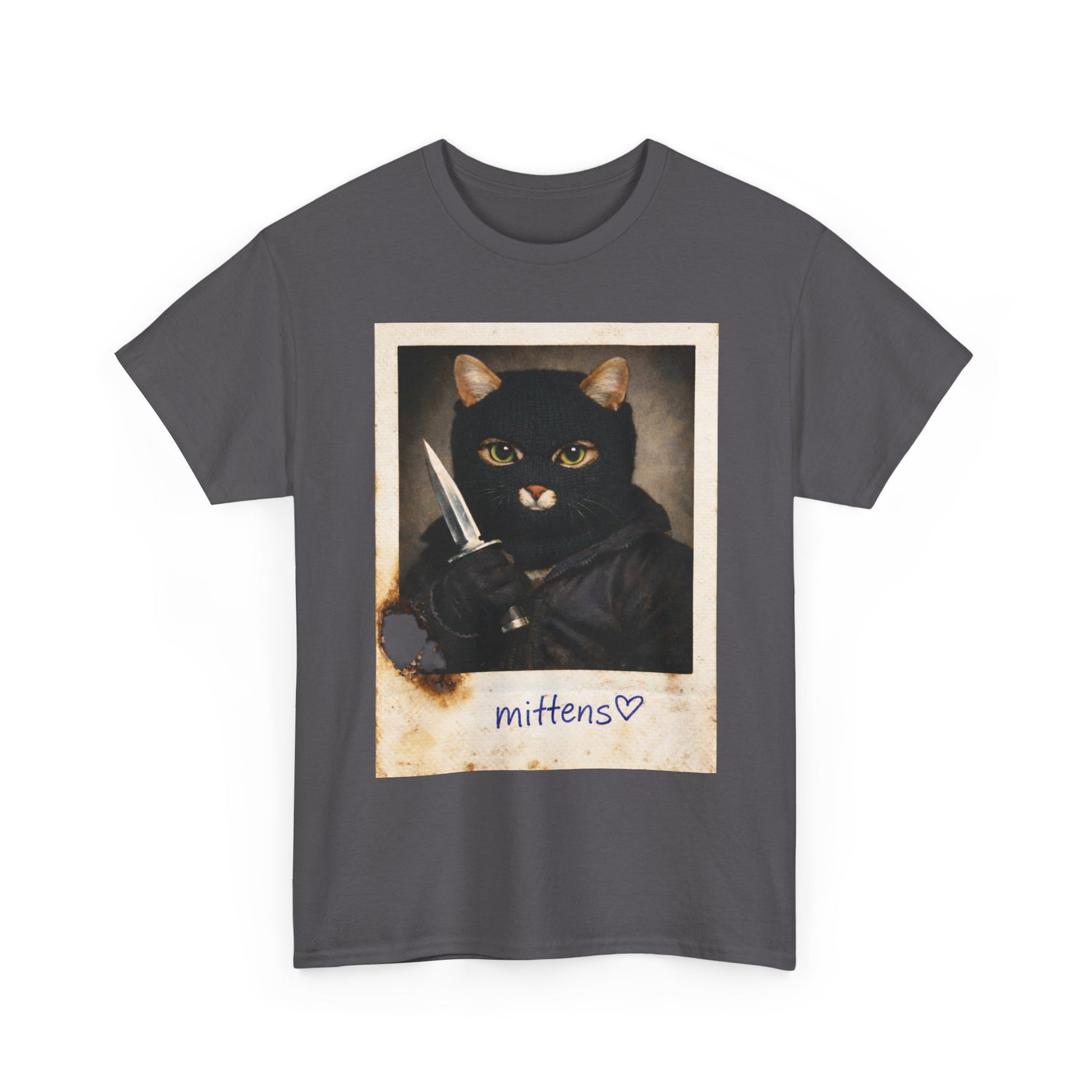 Cat With Knife Tee — "Mittens" Dark Humor Vintage Polaroid Graphic T-Shirt