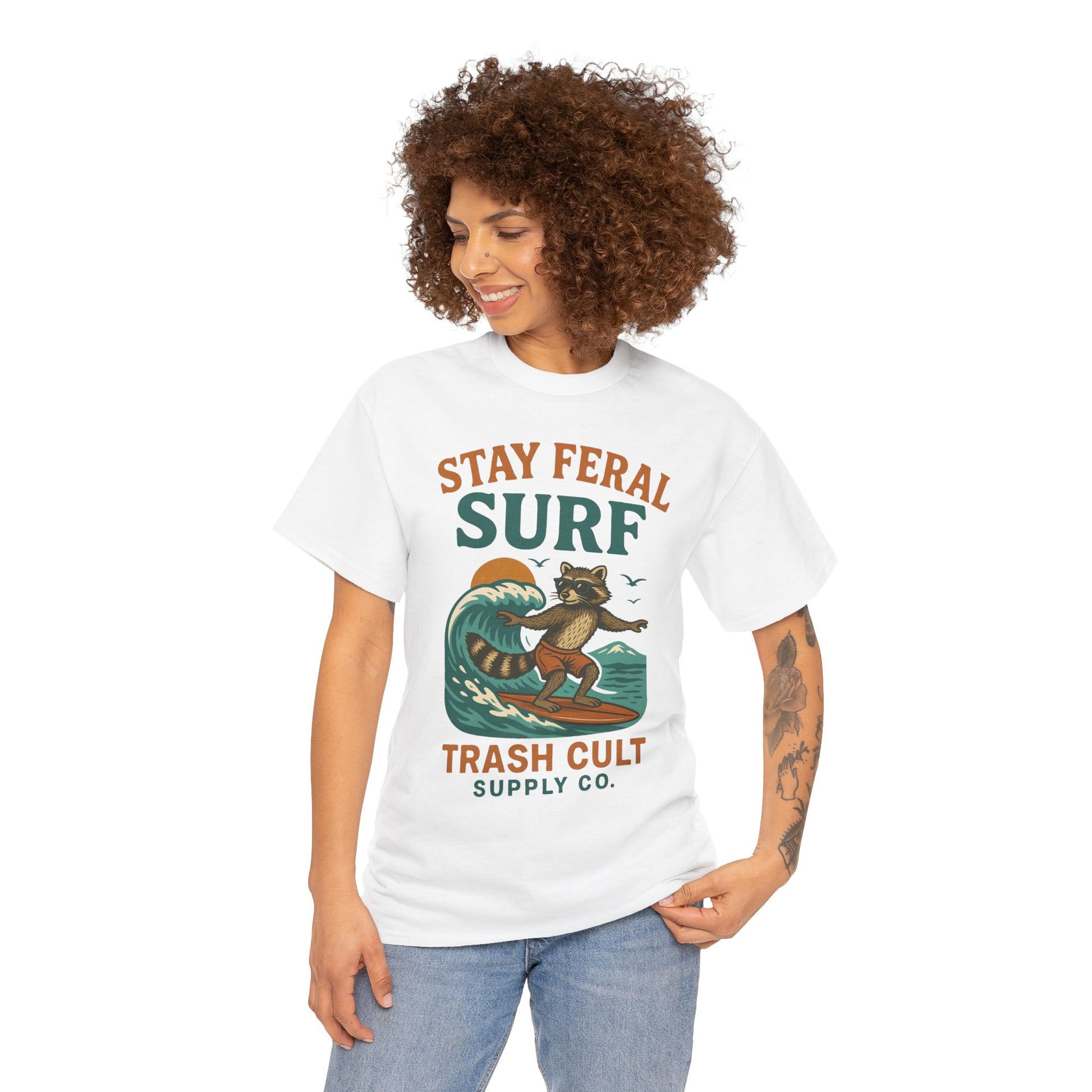 Stay Feral Surf Shirt – Retro Raccoon Beach Tee – Trash Cult Supply Co – Gildan 5000