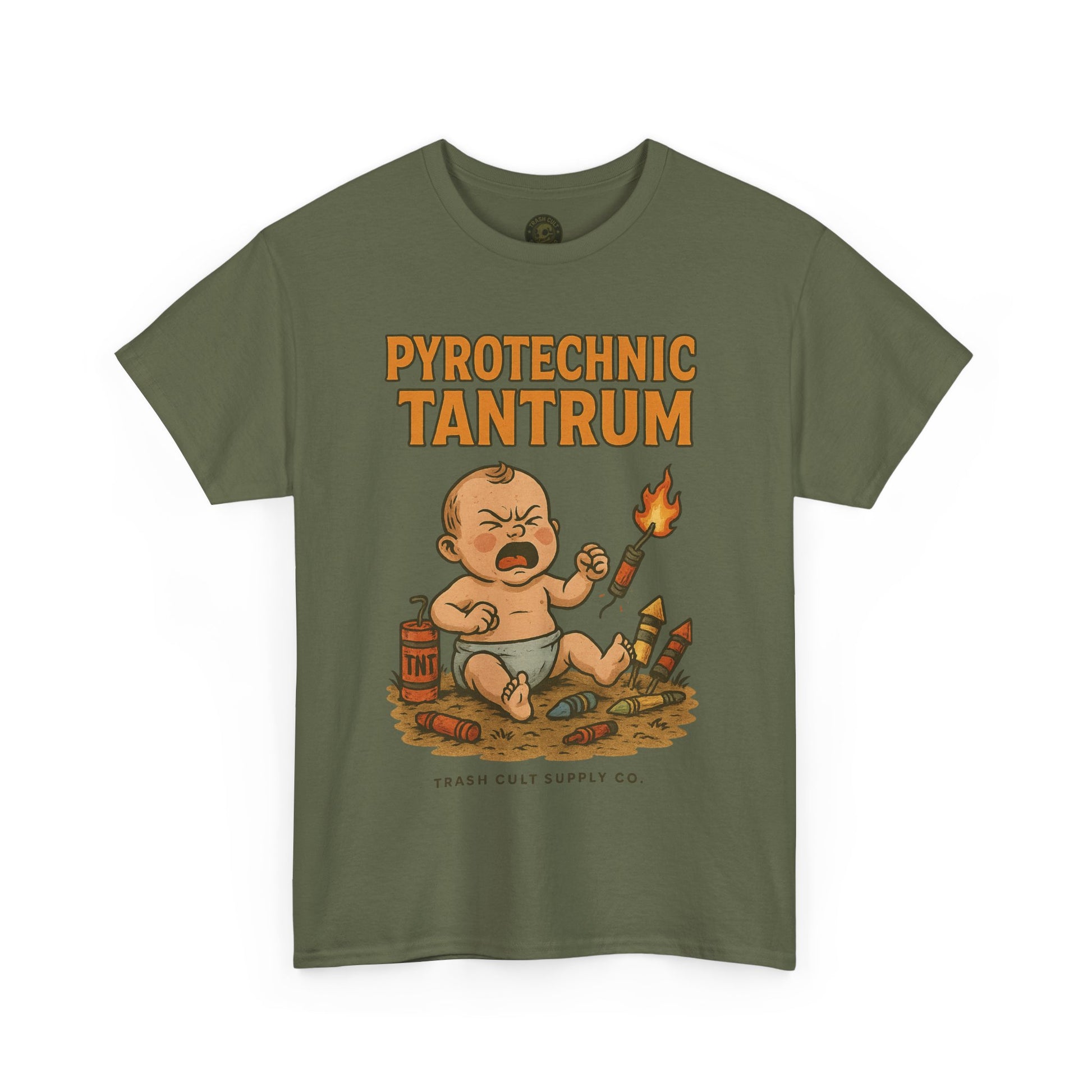 Pyrotechnic Tantrum T-Shirt – Explosive Baby Humor Graphic | Trash Cult Supply Co. | Gildan 5000 Tee
