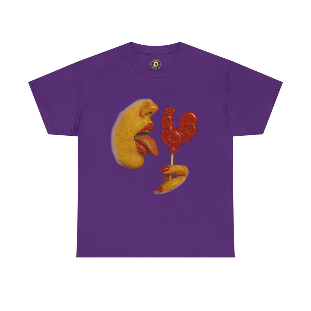 Bold Retro Halftone Tease – Red Rooster Lollipop Graphic Tee