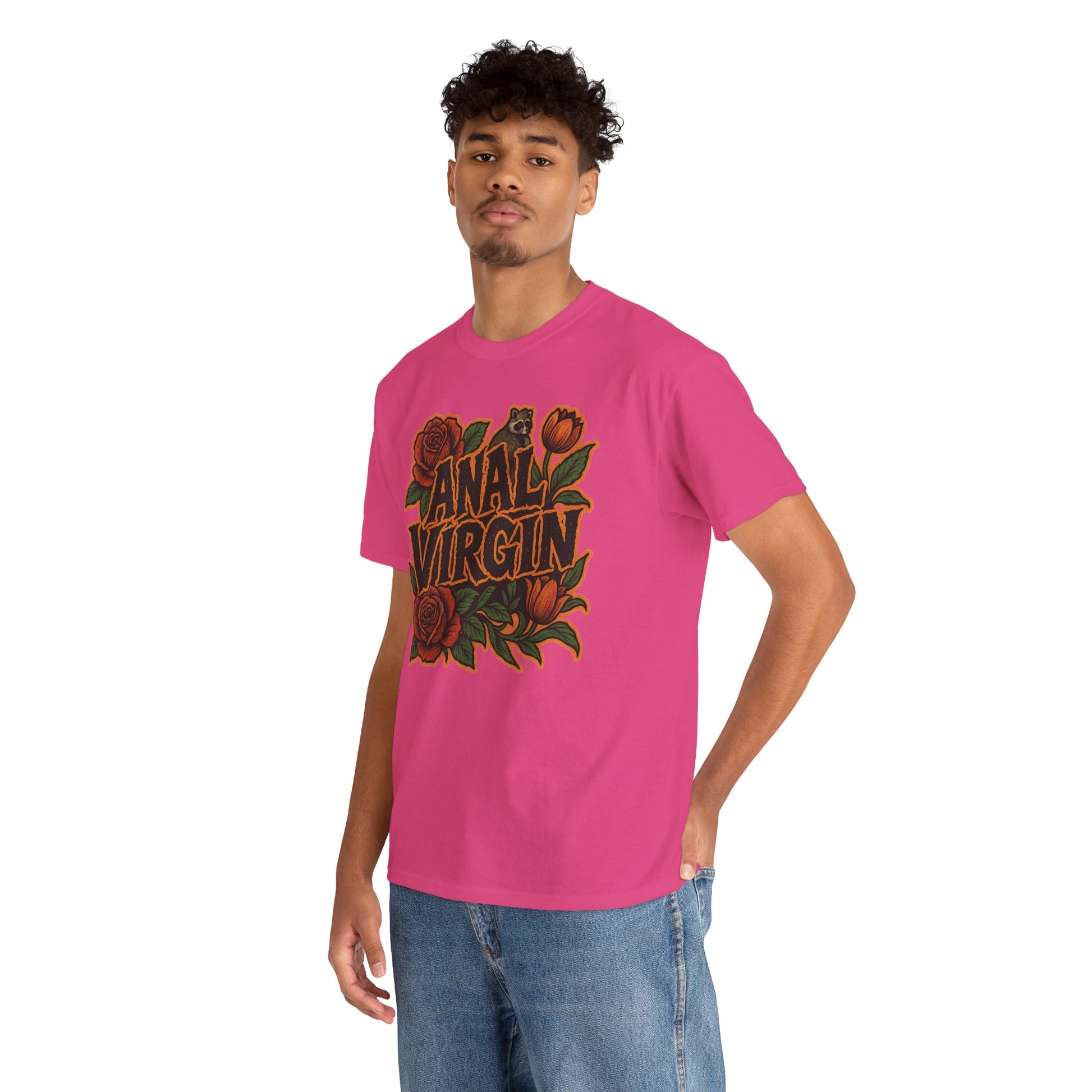 Anal Virgin Bold Floral Trashcore Tee – Funny Raccoon Shirt – Gildan 5000