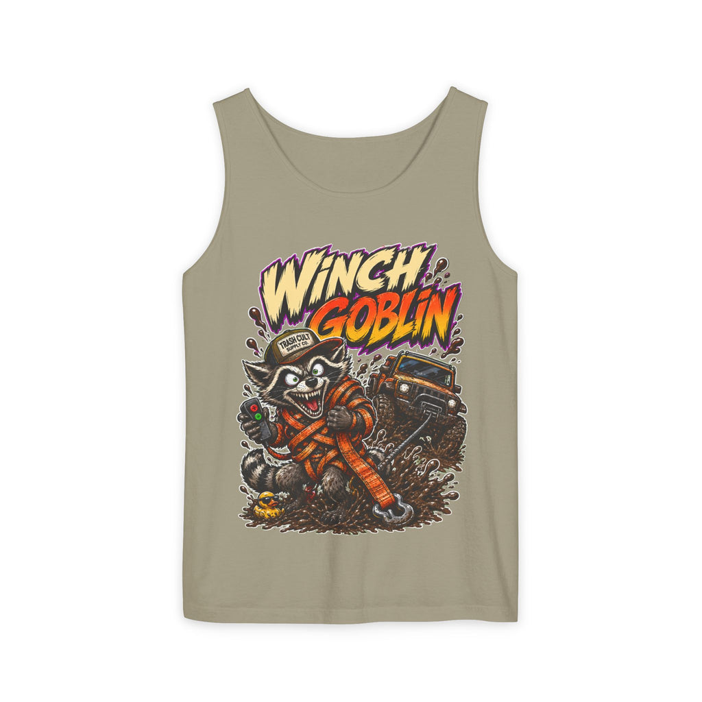 Winch Goblin Graphic Tank Top — Retro Cartoon Mechanic Design