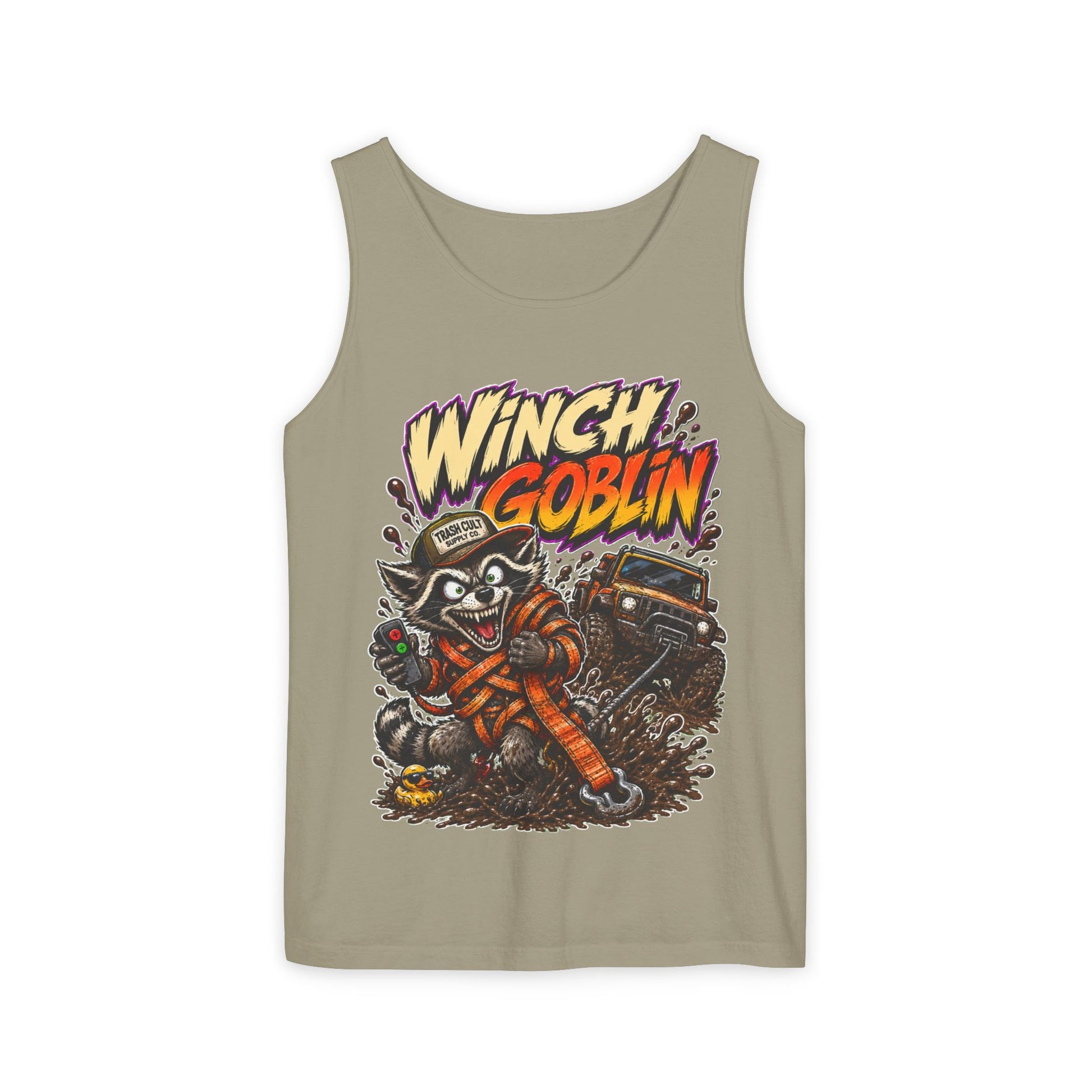 Winch Goblin Graphic Tank Top — Retro Cartoon Mechanic Design