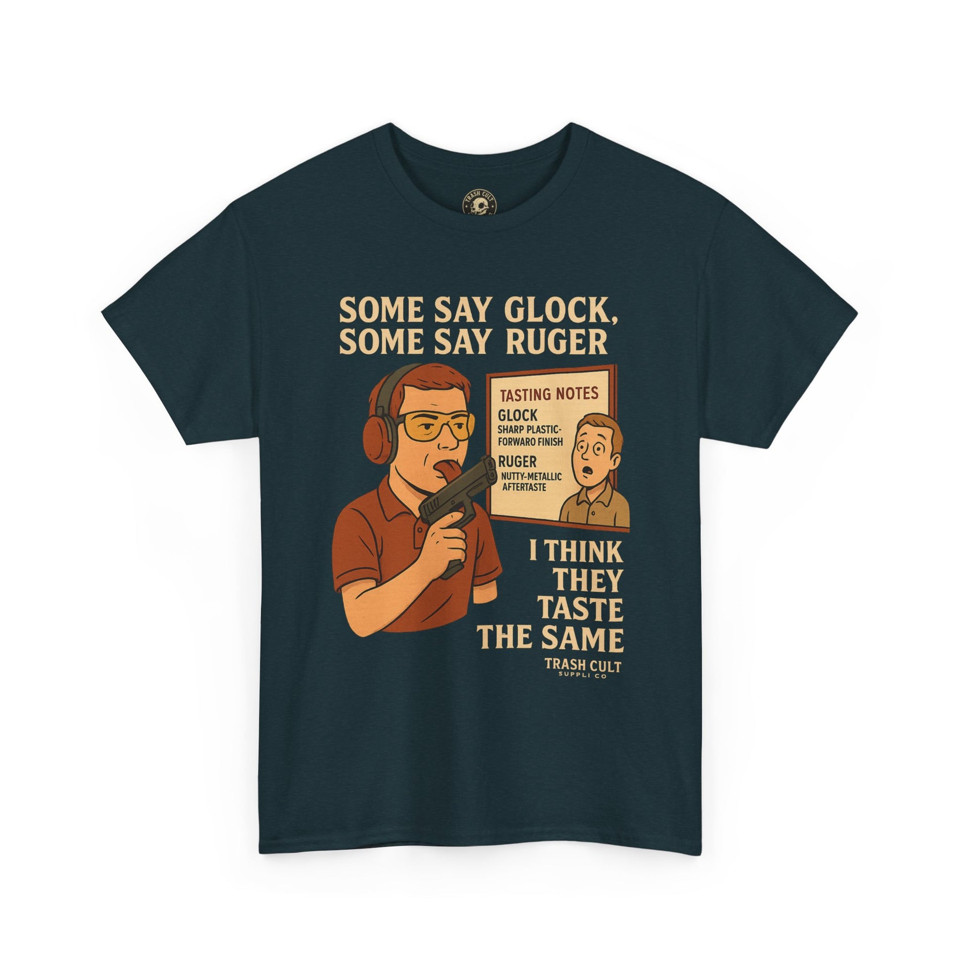 Glock vs Ruger Mouthfeel Shirt – Funny Gun Show Parody Tee | Dark Humor Firearm Tasting Notes Shirt