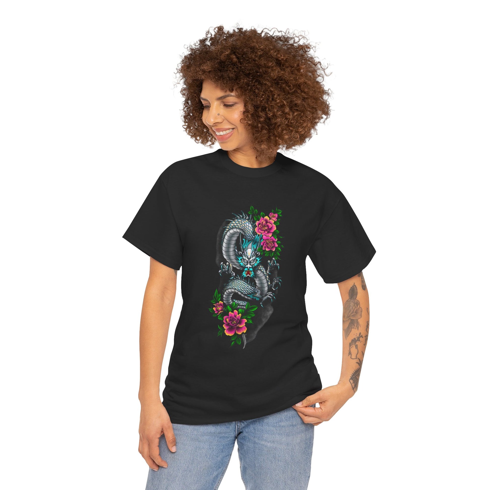 Mythic Dragon & Peonies Tattoo T-Shirt – Lara Davenport x Trash Cult Supply Co. Collab (Gildan 5000)
