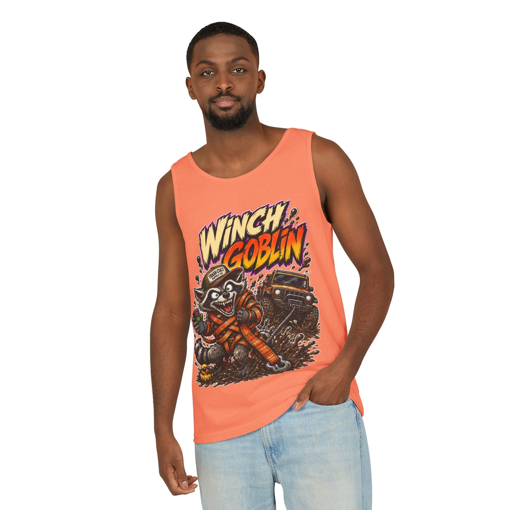 Winch Goblin Graphic Tank Top — Retro Cartoon Mechanic Design