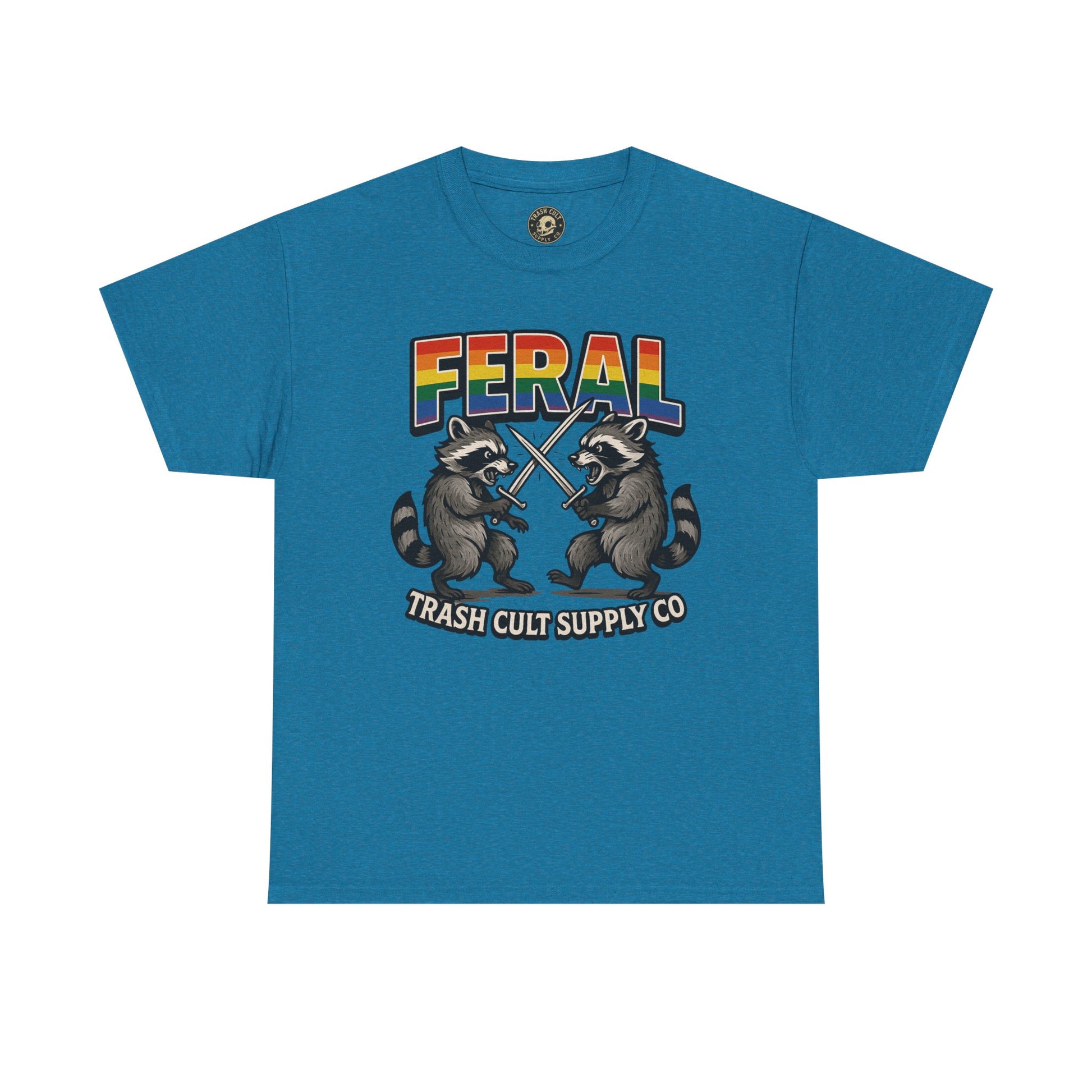FERAL Rainbow Raccoon Sword Fighting Graphic Tee – Gildan 5000 Heavy Cotton