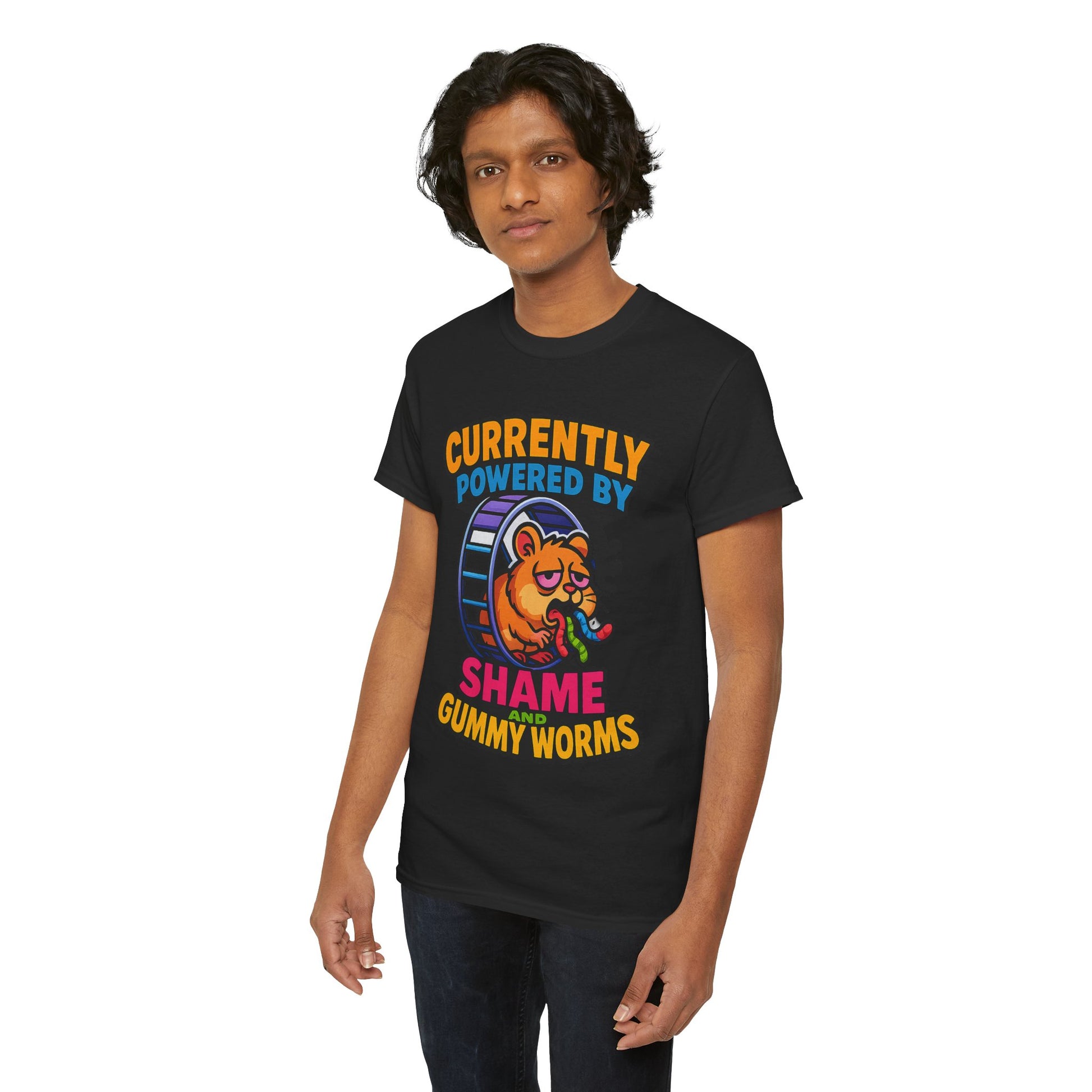 Gummy Worms Shame Tee – Funny Cotton T-Shirt, Powered by Shame & Snacks, Quirky Gift for Animal Lovers