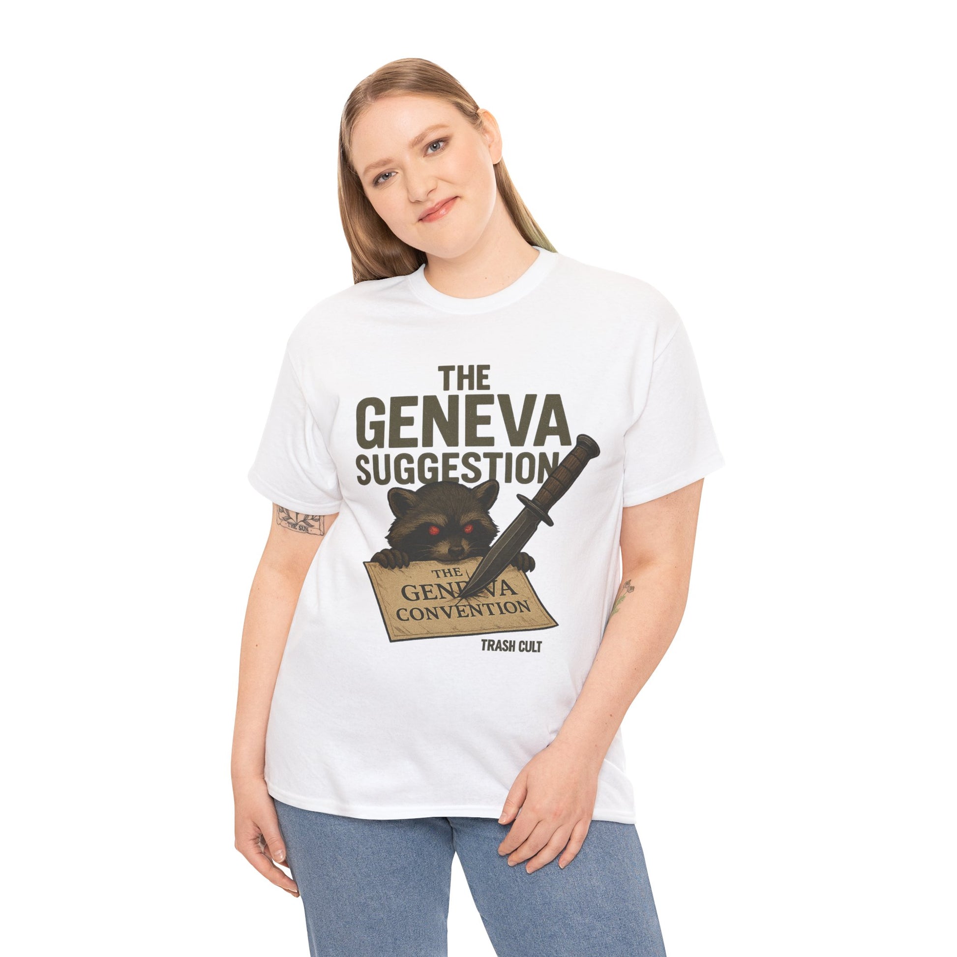 The Geneva Suggestion T-Shirt – Tactical Raccoon Dark Humor Tee | Trash Cult Supply Co. | Gildan 5000