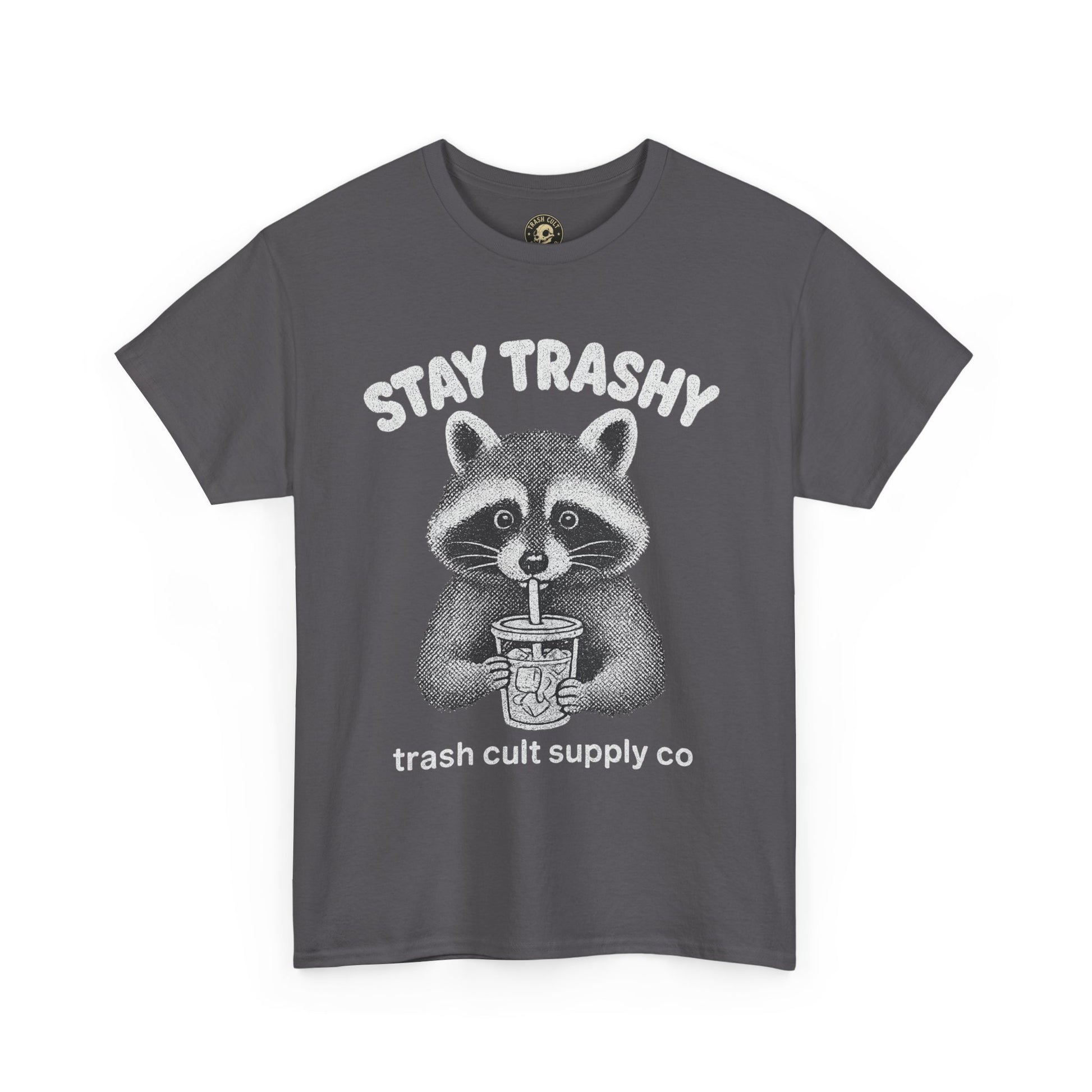 Stay Trashy Raccoon Iced Coffee Shirt – Halftone All White Design | Trash Cult Supply Co.