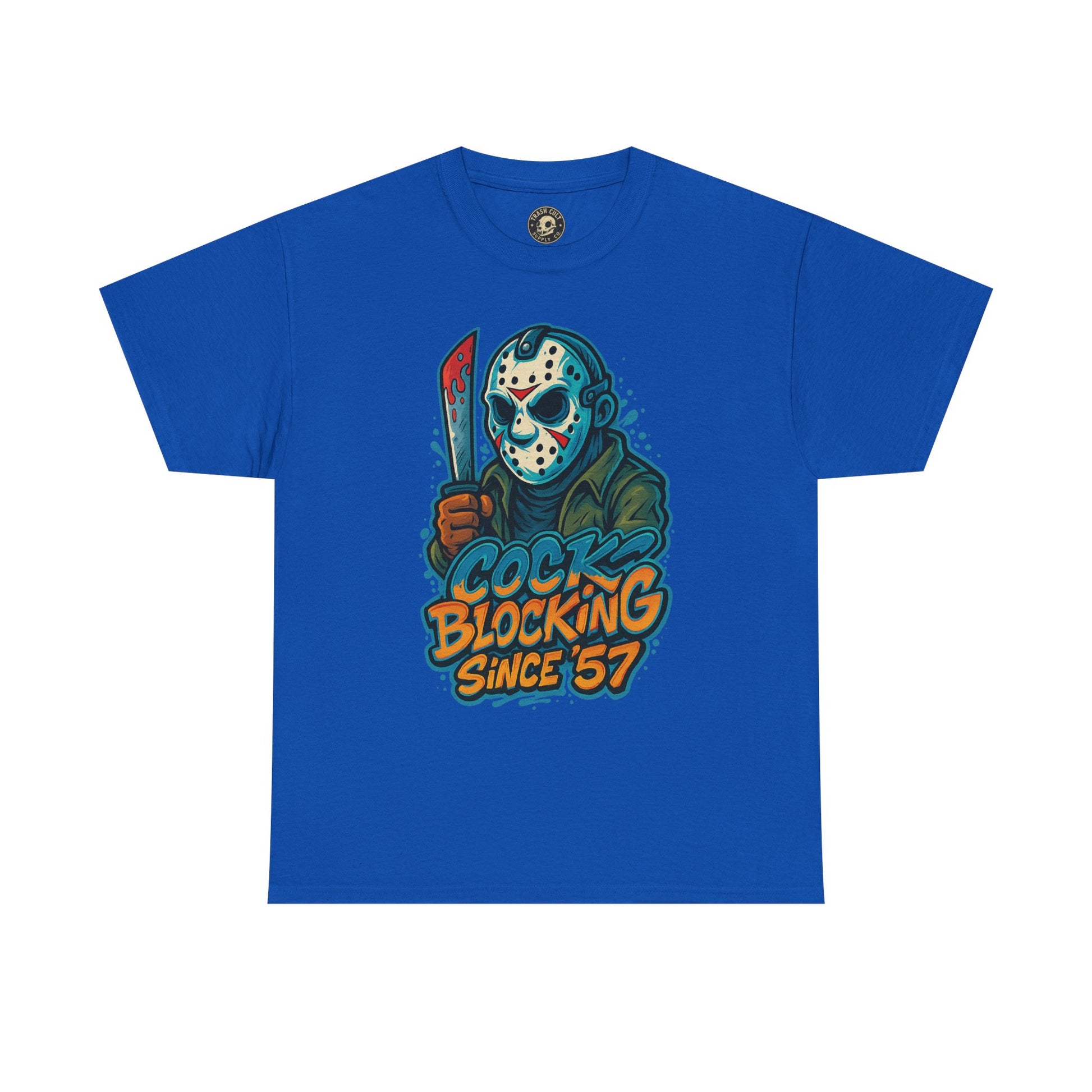 Jason Voorhees “Cock Blocking Since ’57” Funny Horror T-Shirt – Gildan 5000 | Slasher Meme Graphic Tee