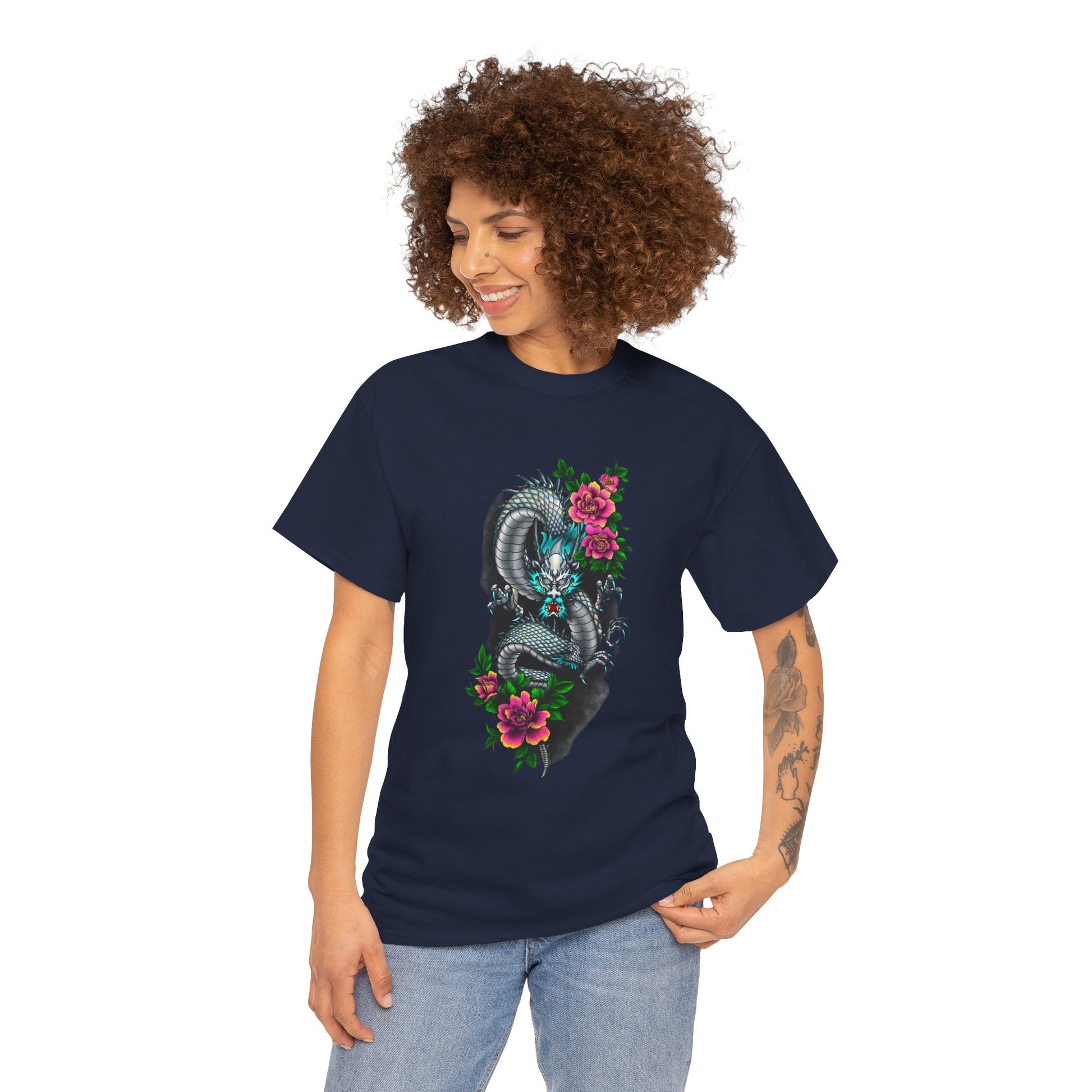 Mythic Dragon & Peonies Tattoo T-Shirt – Lara Davenport x Trash Cult Supply Co. Collab (Gildan 5000)