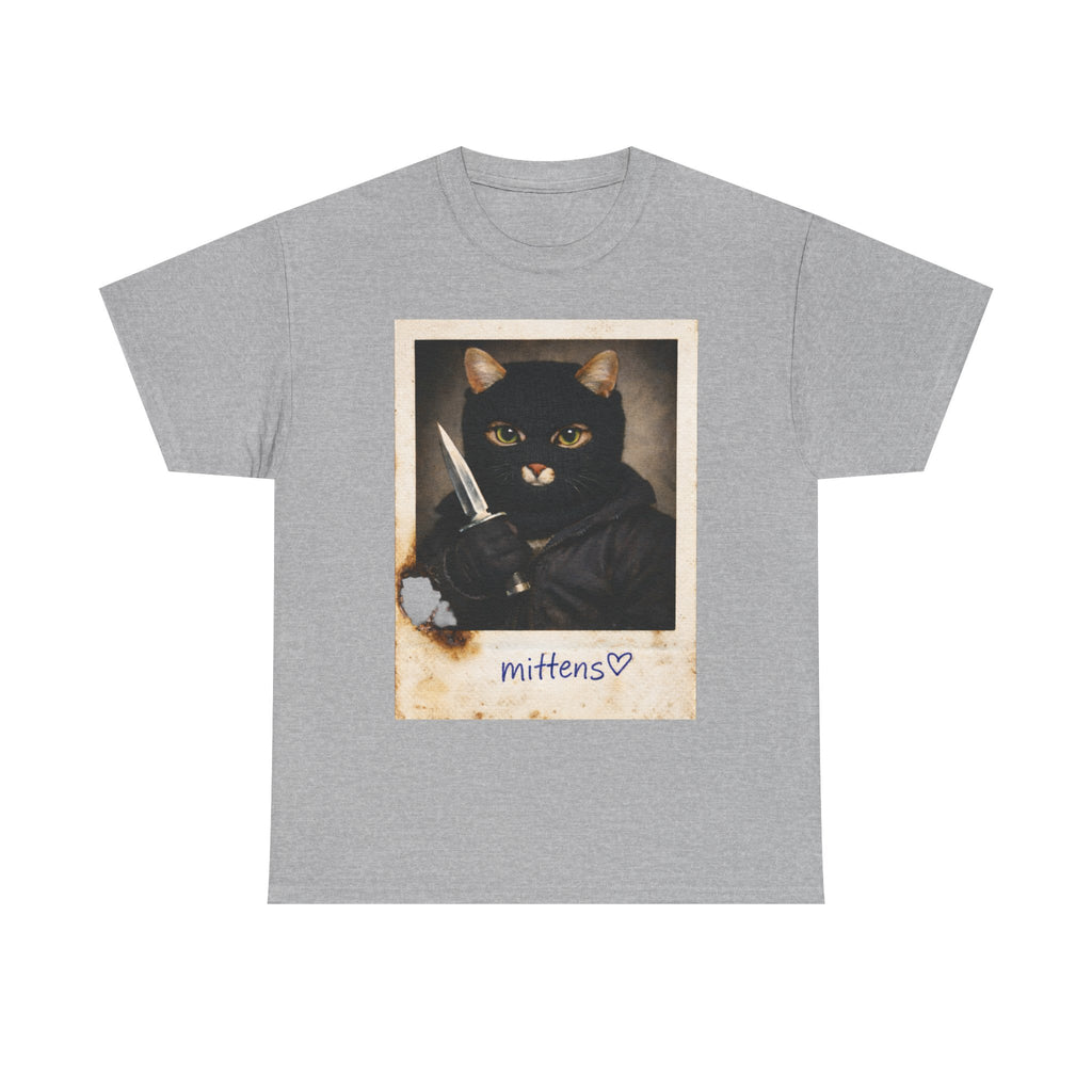 Cat With Knife Tee — "Mittens" Dark Humor Vintage Polaroid Graphic T-Shirt